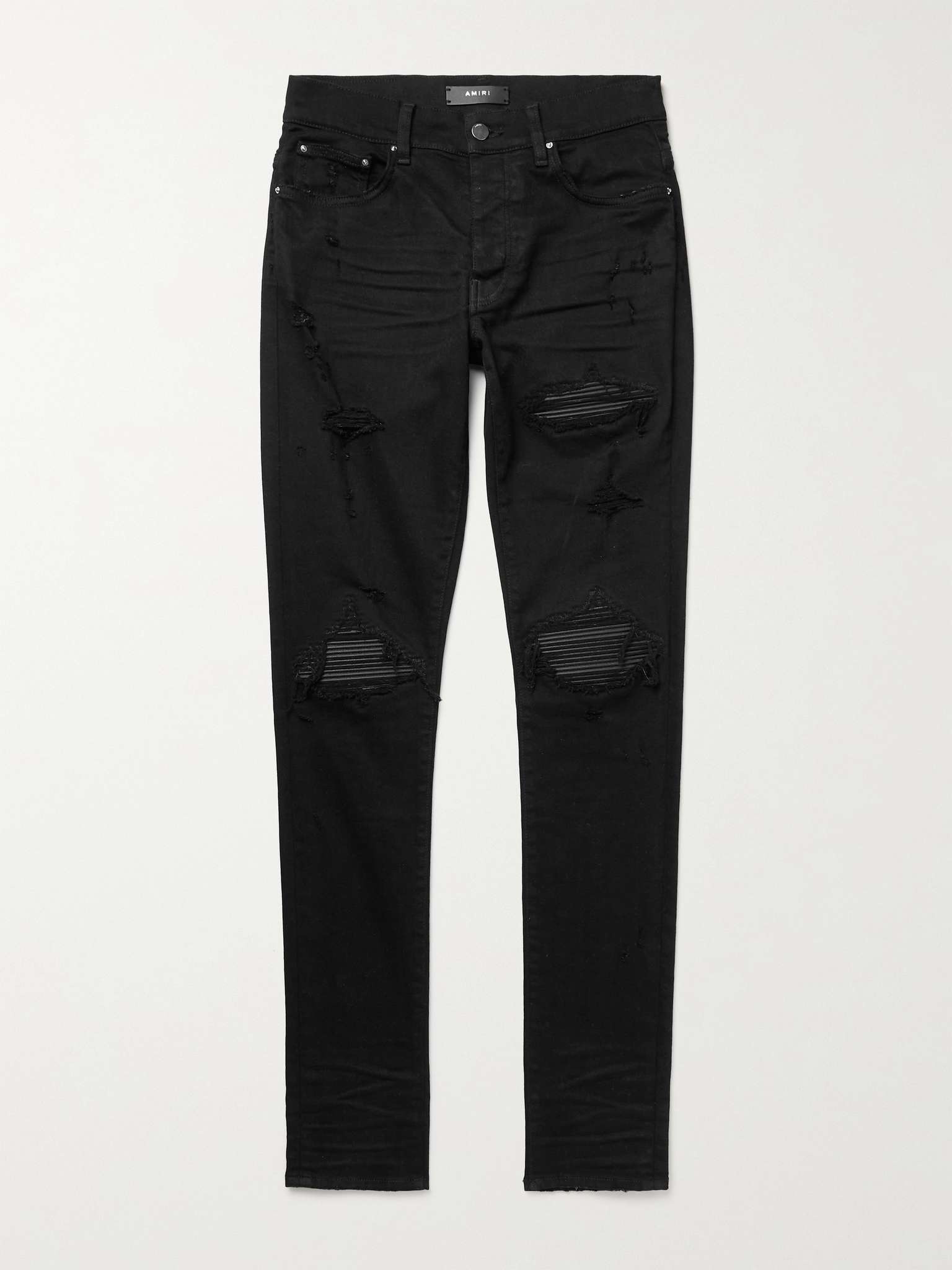 MX1 Skinny-Fit Distressed Leather-Panelled Stretch-Denim Jeans - 1