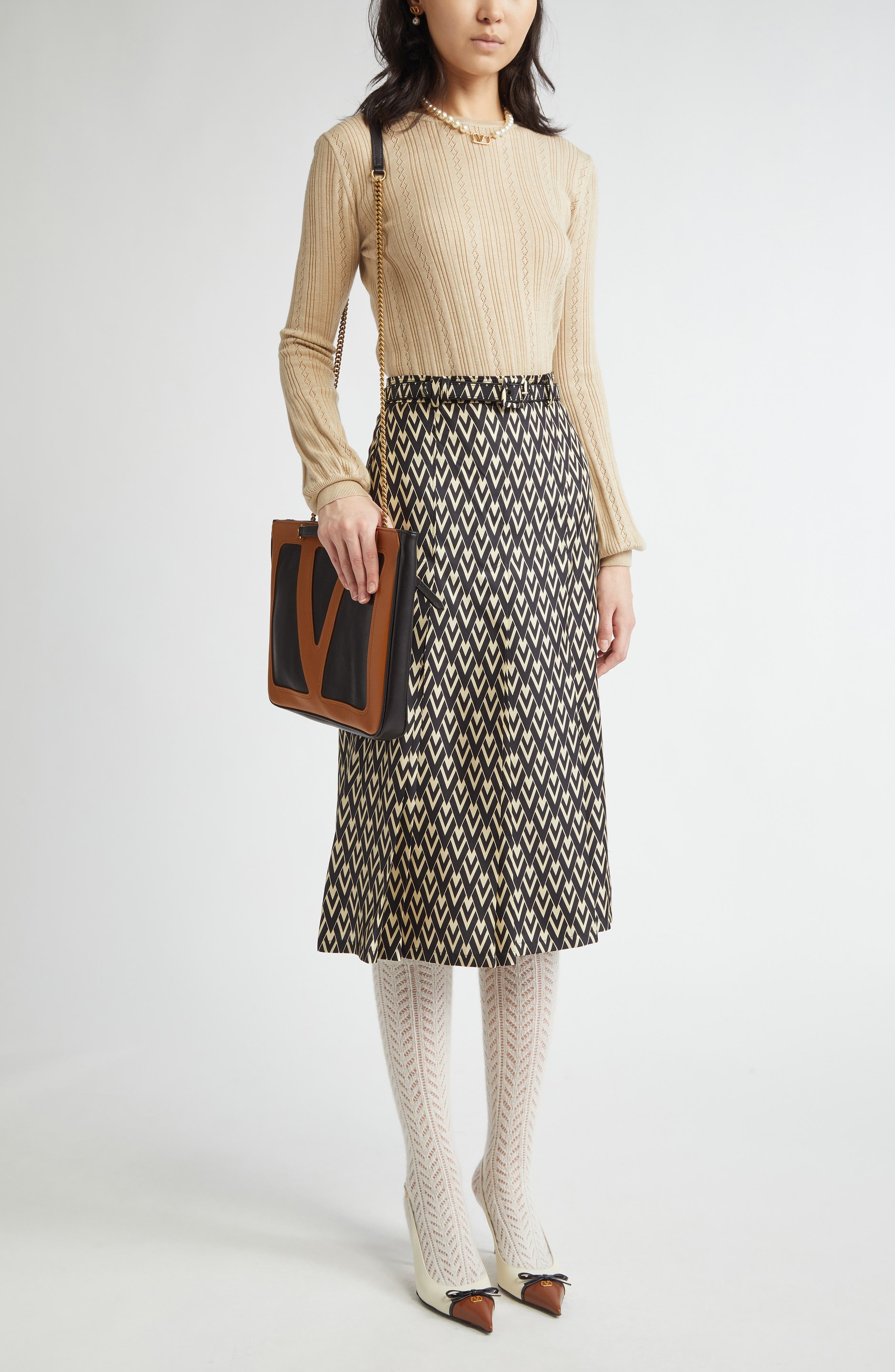 Valentino Garavani Toute la V Belted Silk Twill Midi Skirt in Black/Cream at Nordstrom - 2