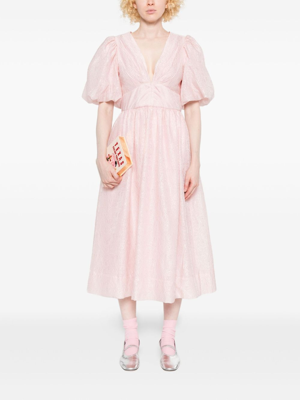 puff-sleeve V-neck midi dress - 2