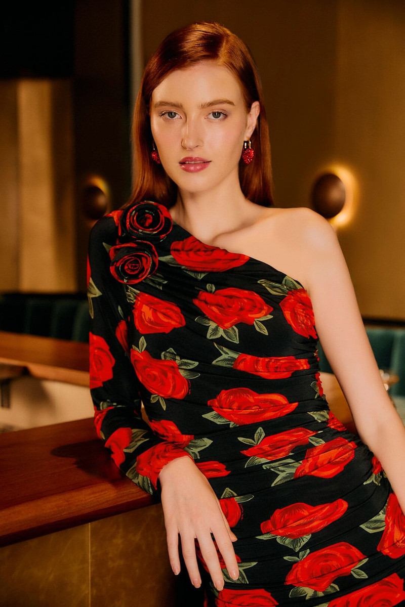FARM RIO Black Latin Roses 3D Flower One-Shoulder Draped Maxi Dress outlook