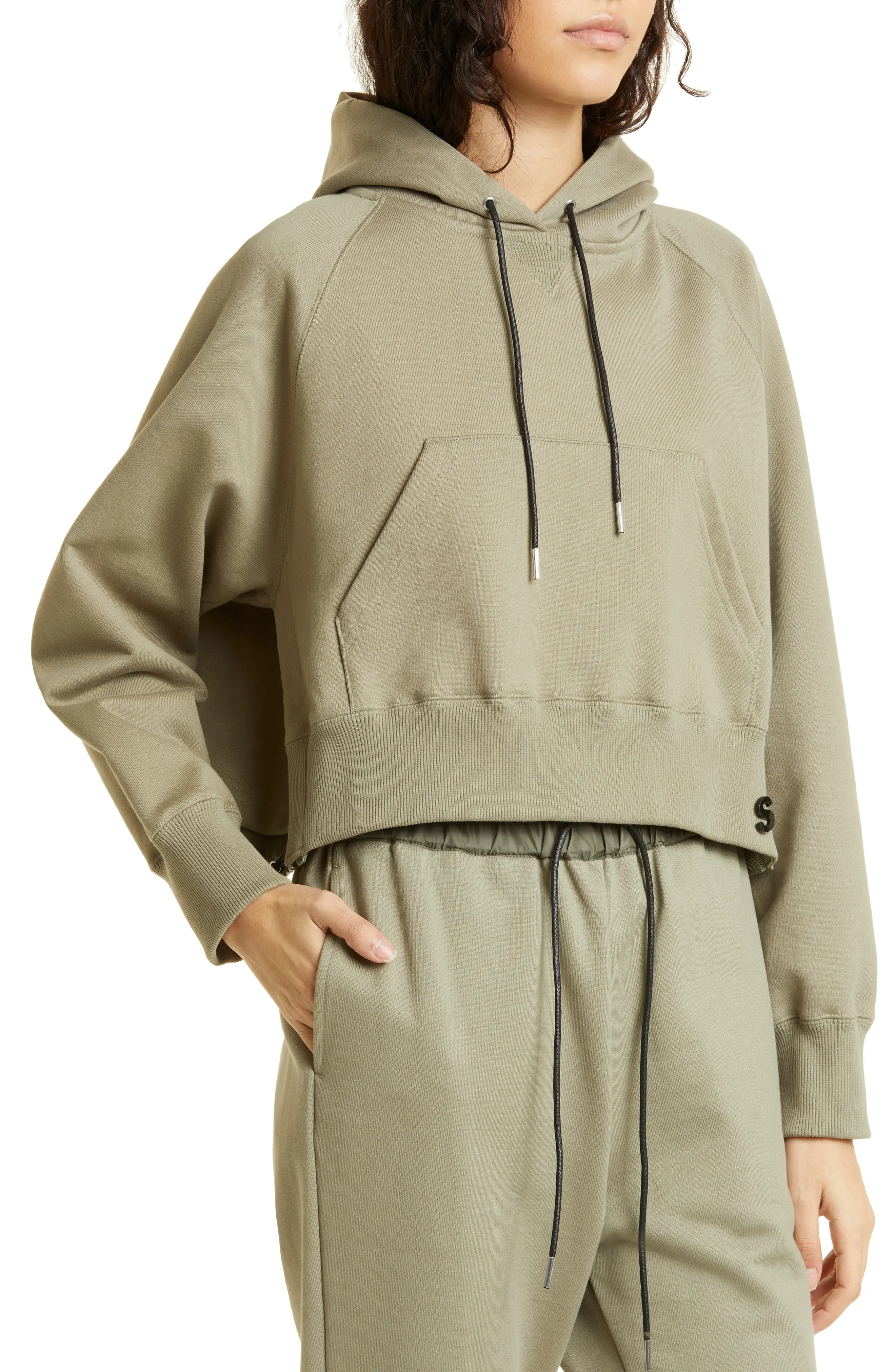 Mixed Media High-Low Cotton Jersey Hoodie in L/Khaki - 4