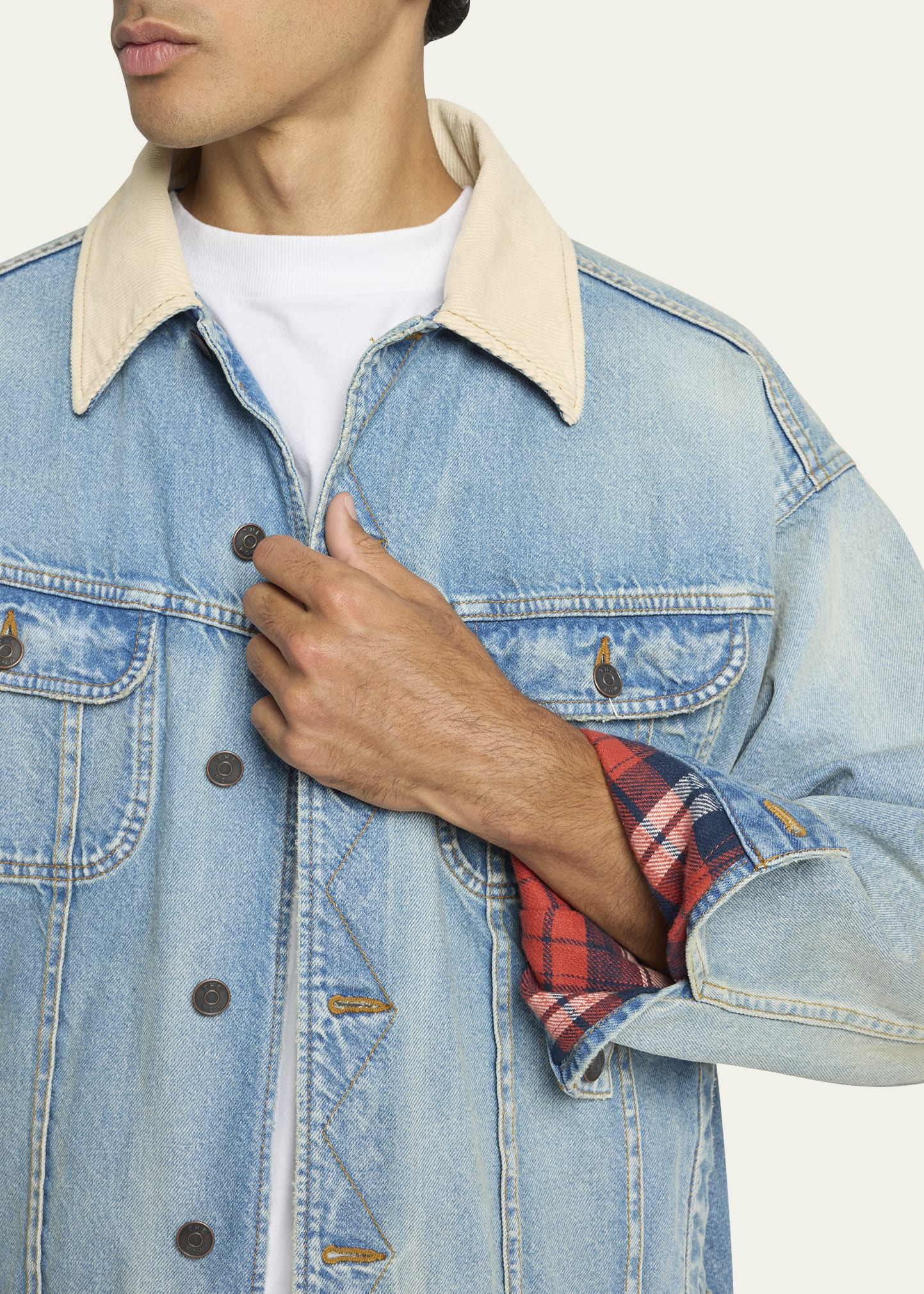 Men's Denim Jacket with Corduroy Collar - 5