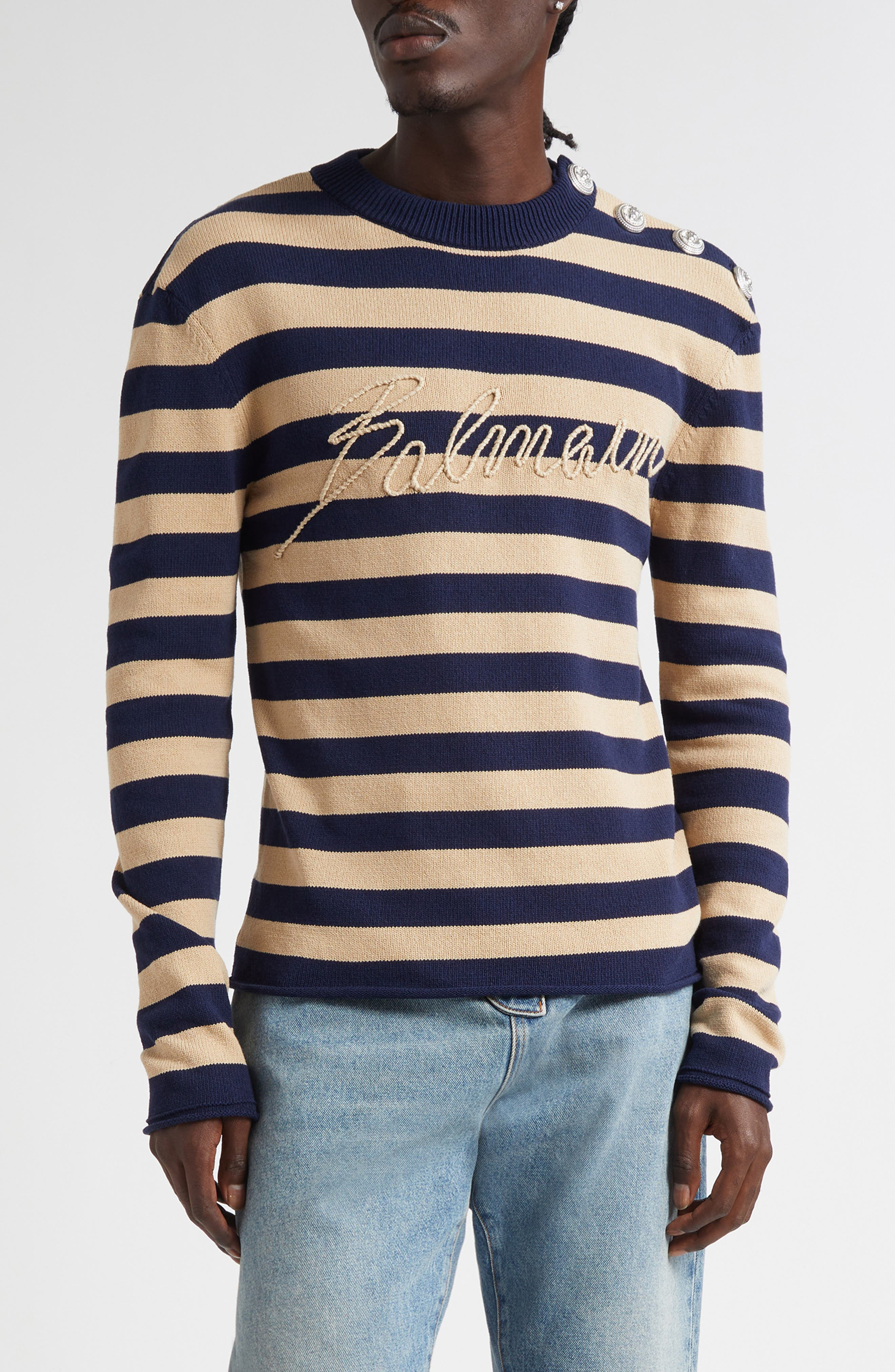 Balmain Embroidered Logo Cotton Sweater in Soe Navy/Camel at Nordstrom - 1