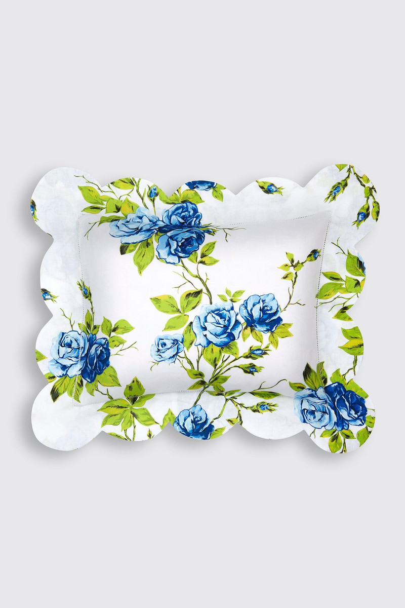 Roma Ajour Pillow Slip in Large Blue Roses Print on White Linen 1