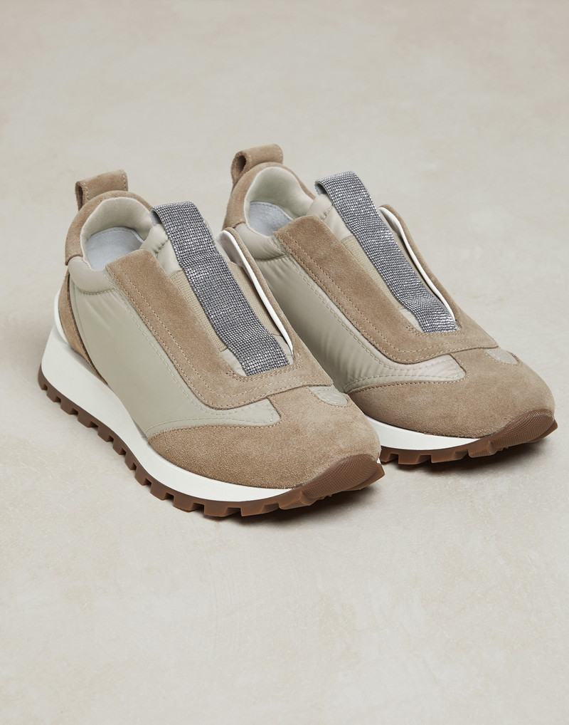 Brunello Cucinelli Suede and techno fabric runners with precious detail outlook