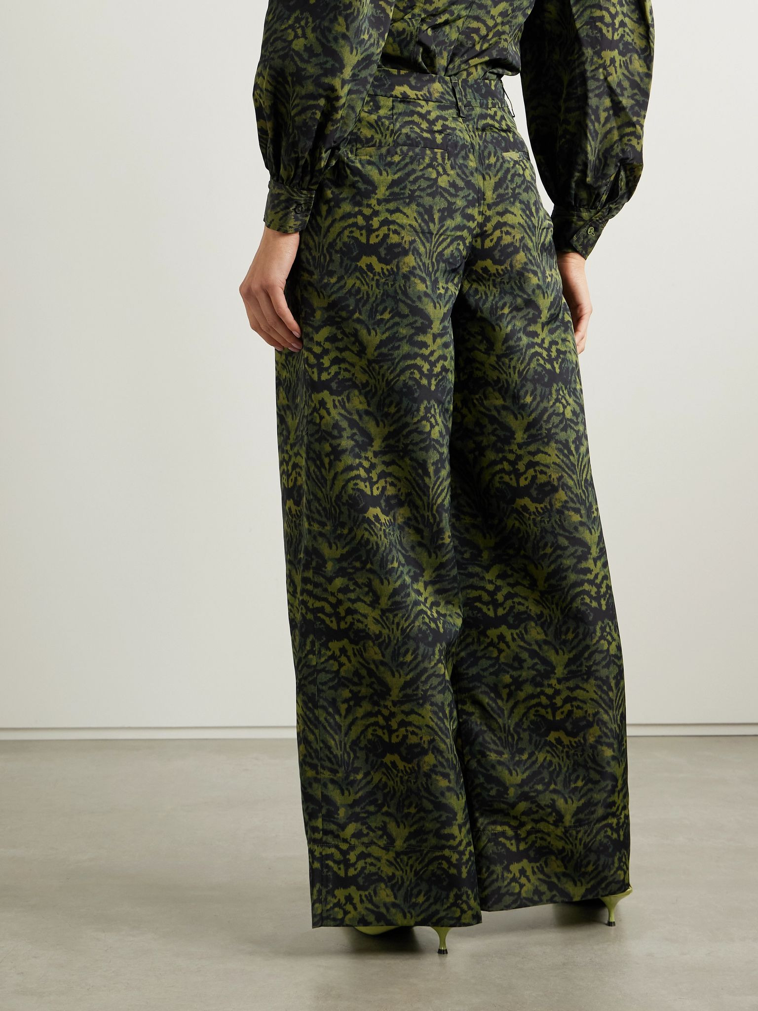 Charlie pleated printed poplin wide-leg pants Dark green - 4