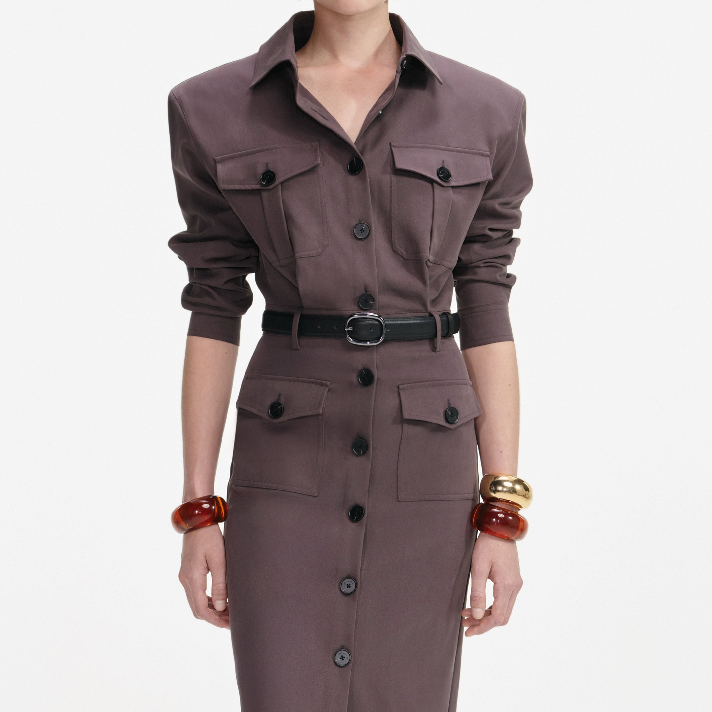 Brown Cotton Belted Midi Dress - 4