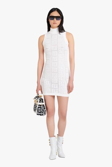 Short white eco-designed knit dress with Balmain monogram - 2