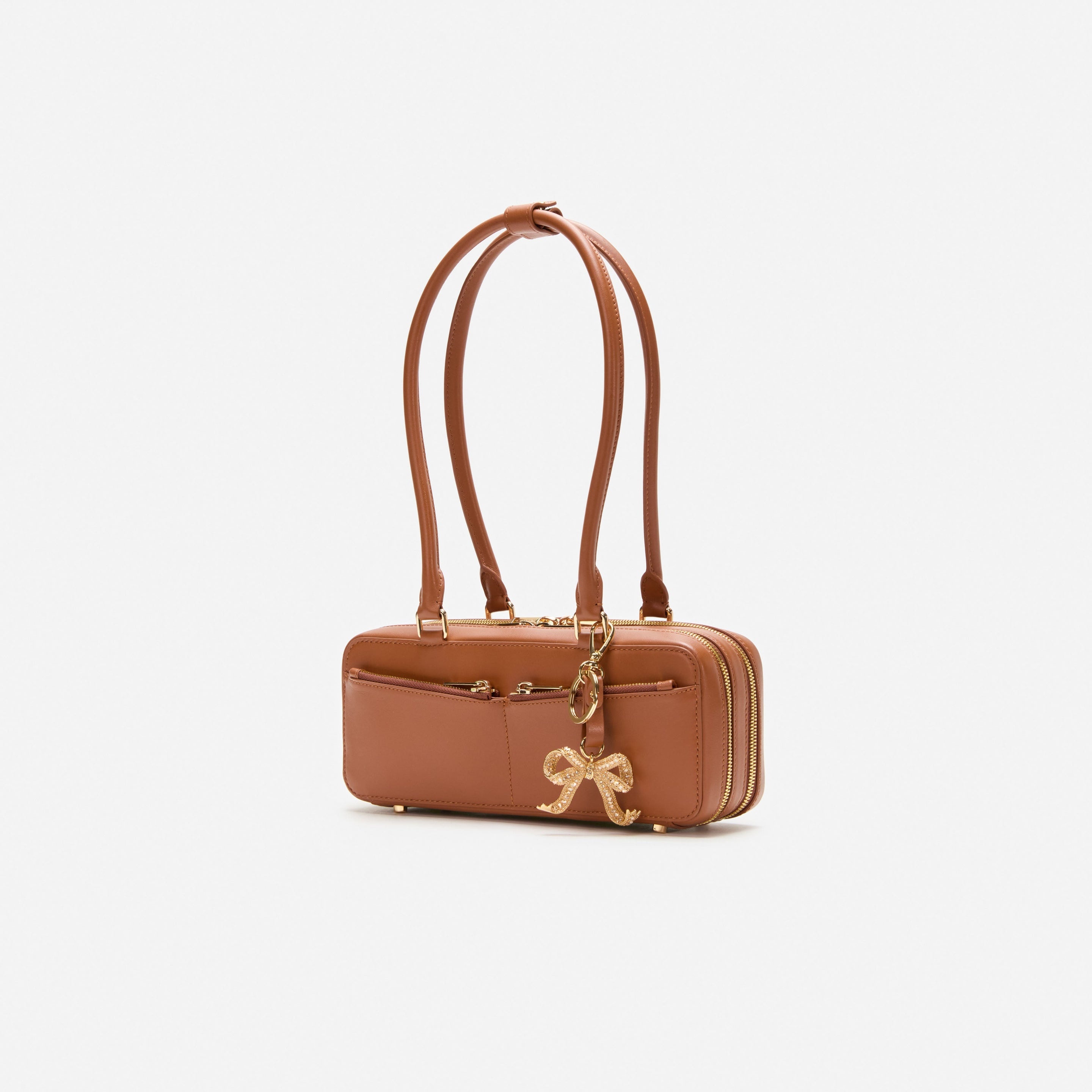 Tan Leather Baguette Shoulder Bag With Charm - 2