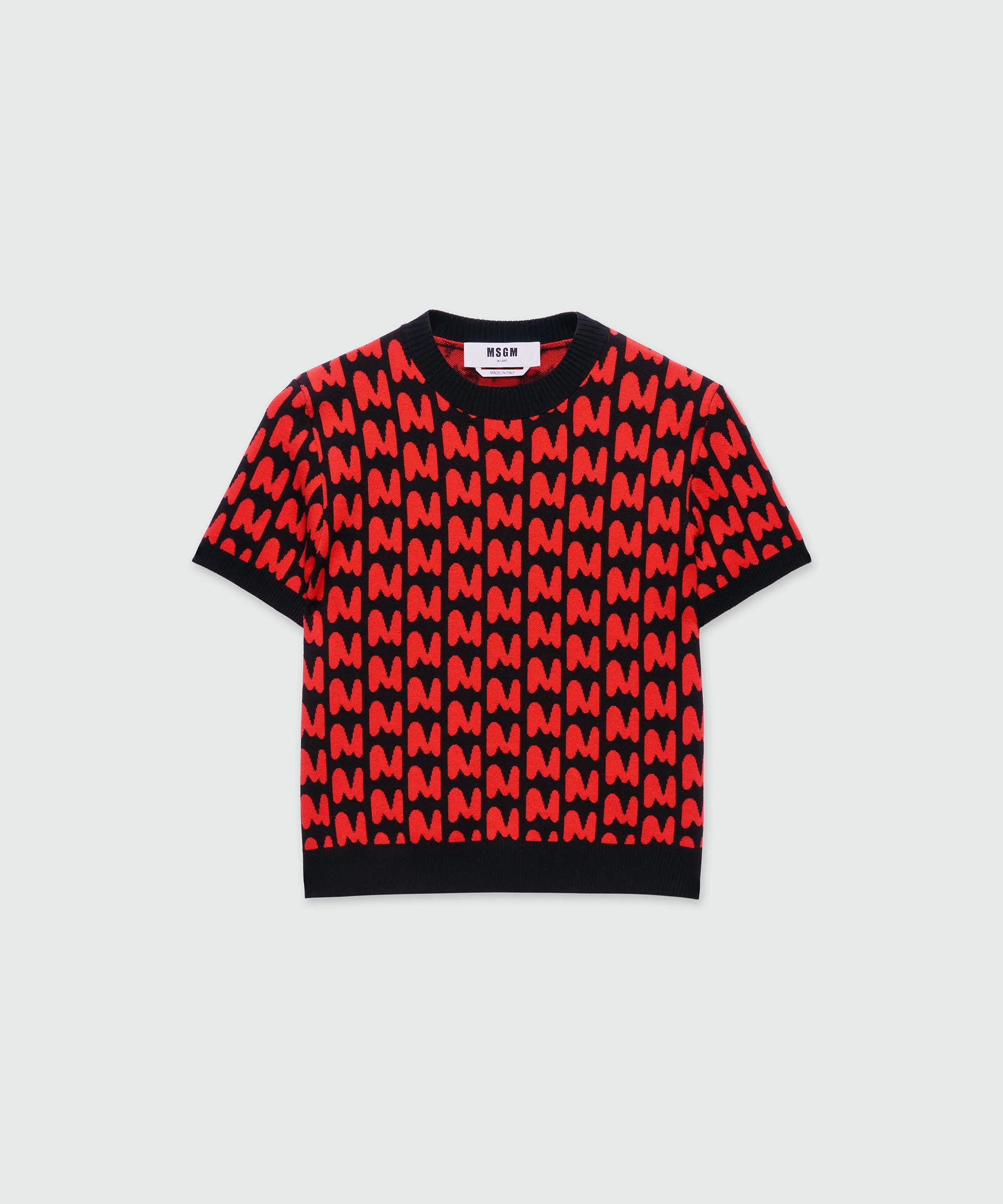 Black short-sleeved jacquard sweater with "TheMwave" motif - 1