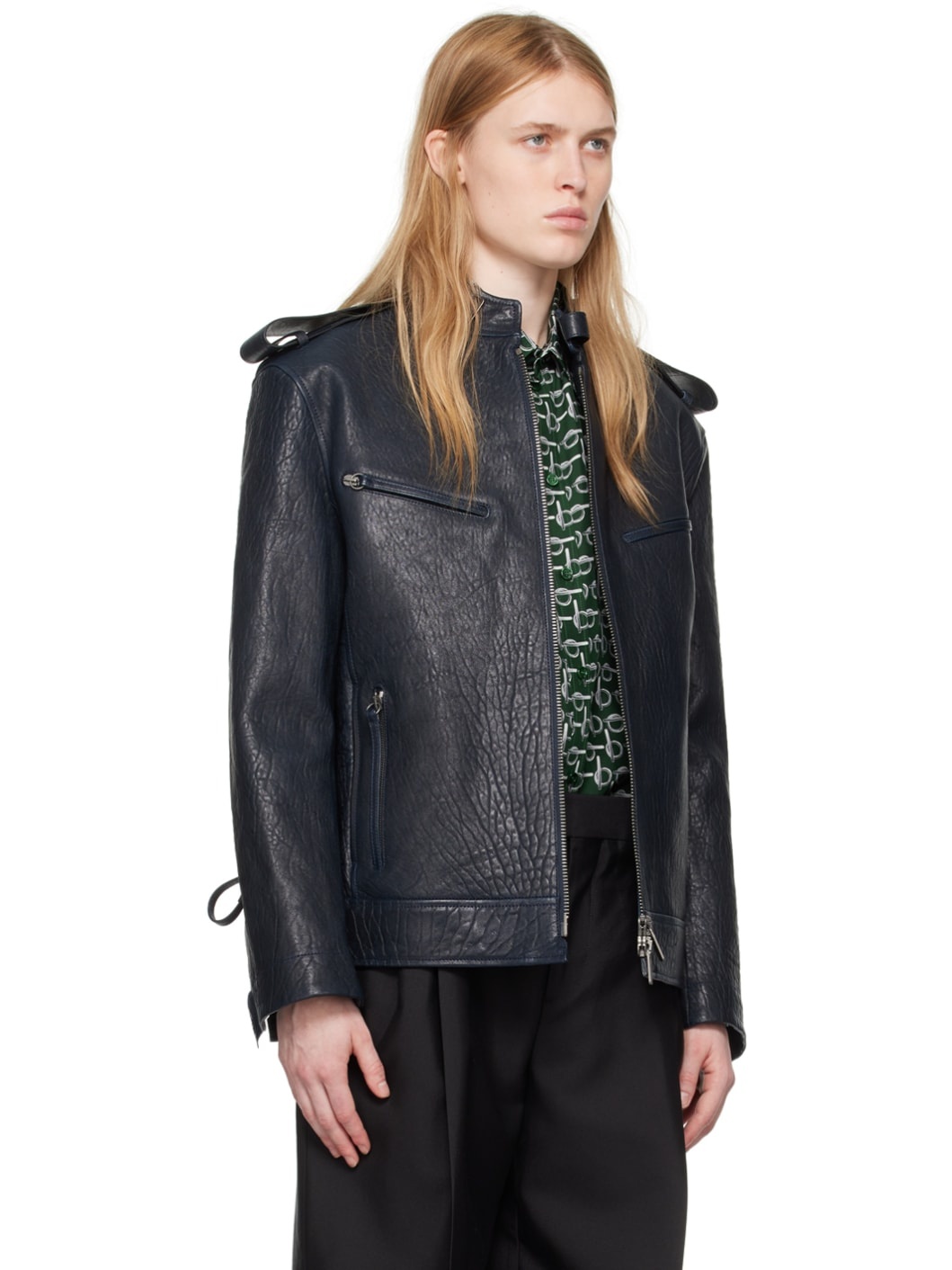 Navy Zip Leather Jacket - 2