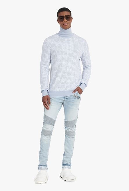 Slim cut faded and ridged light blue denim cotton jeans with Balmain monogram on hem - 2