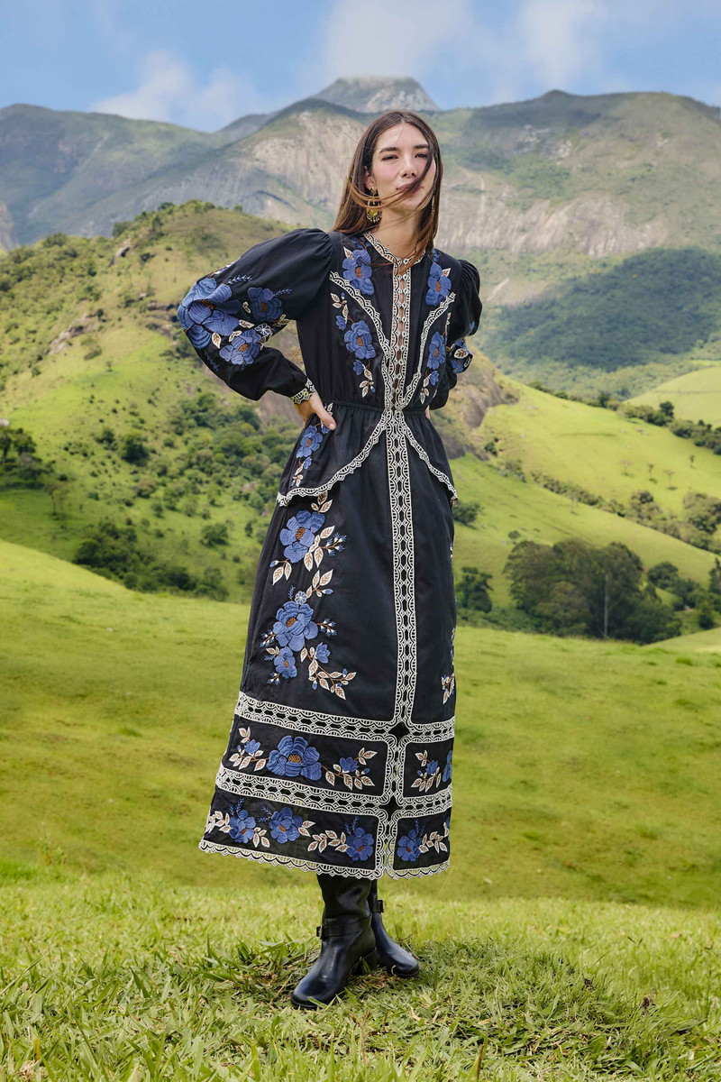 Black Embroidered Flowers Long Sleeve Midi Dress 1