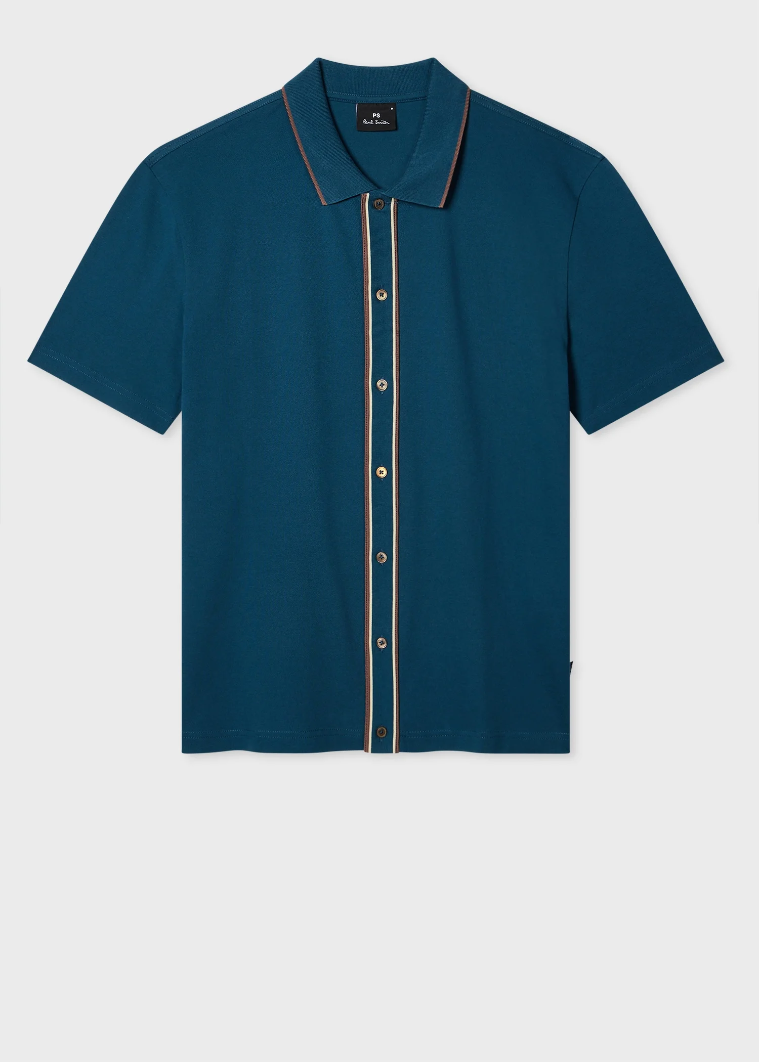 Teal Button-Front Stretch-Cotton Polo Shirt - 1