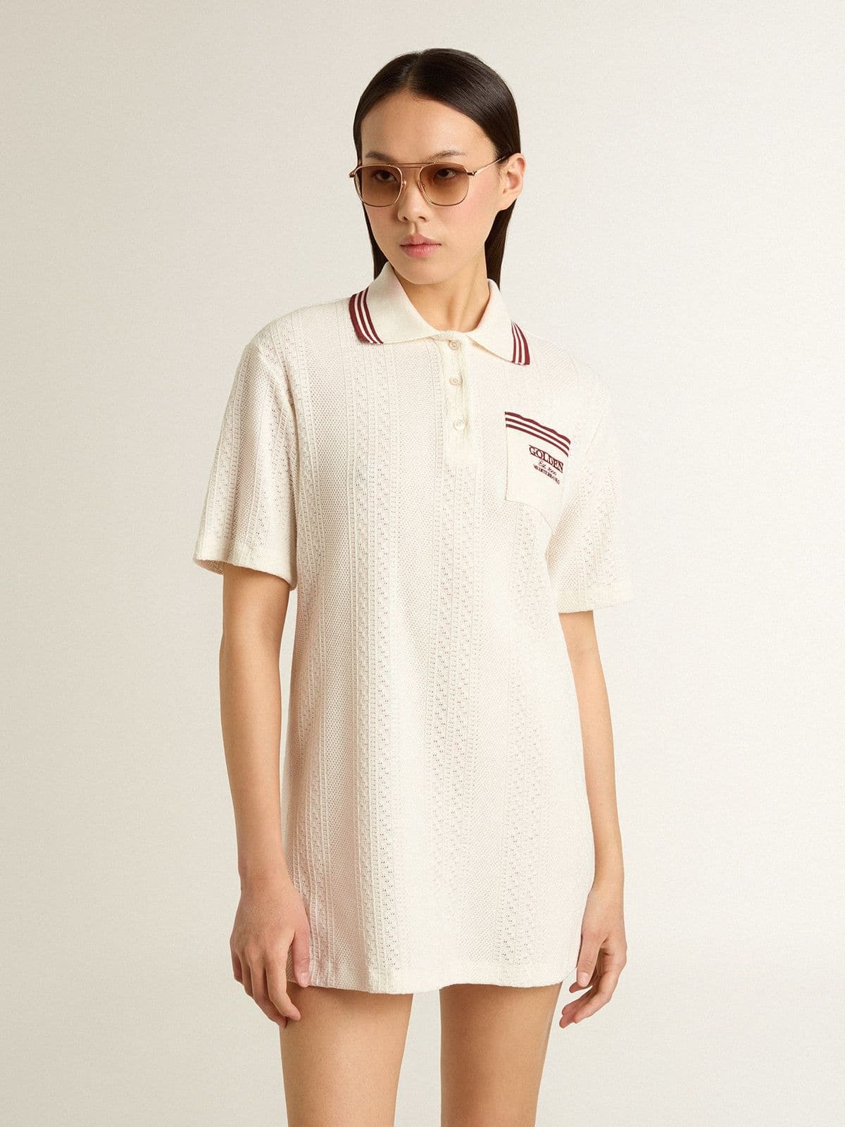 Women's Oasis polo dress in white perforated jersey with burgundy stripes - 2