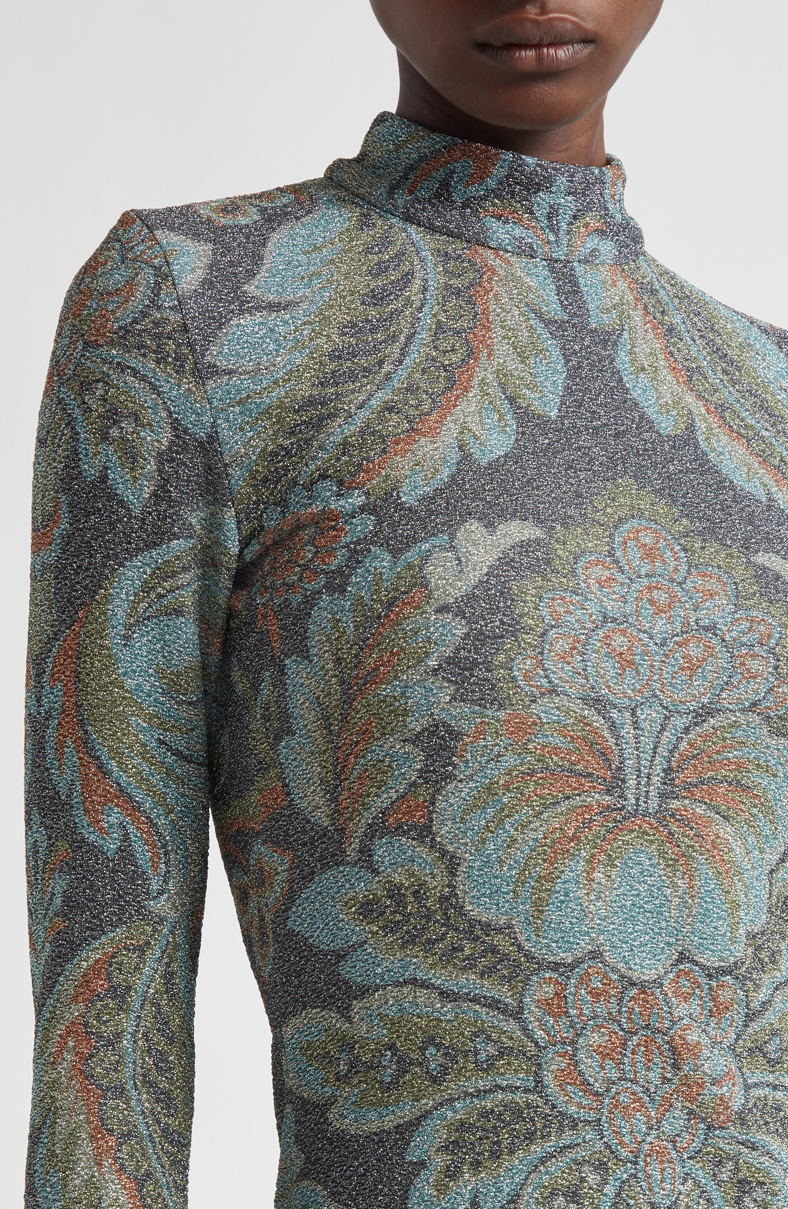Etro Paisley Metallic Long Sleeve Body-Con Dress in Printed Black Base at Nordstrom - 4