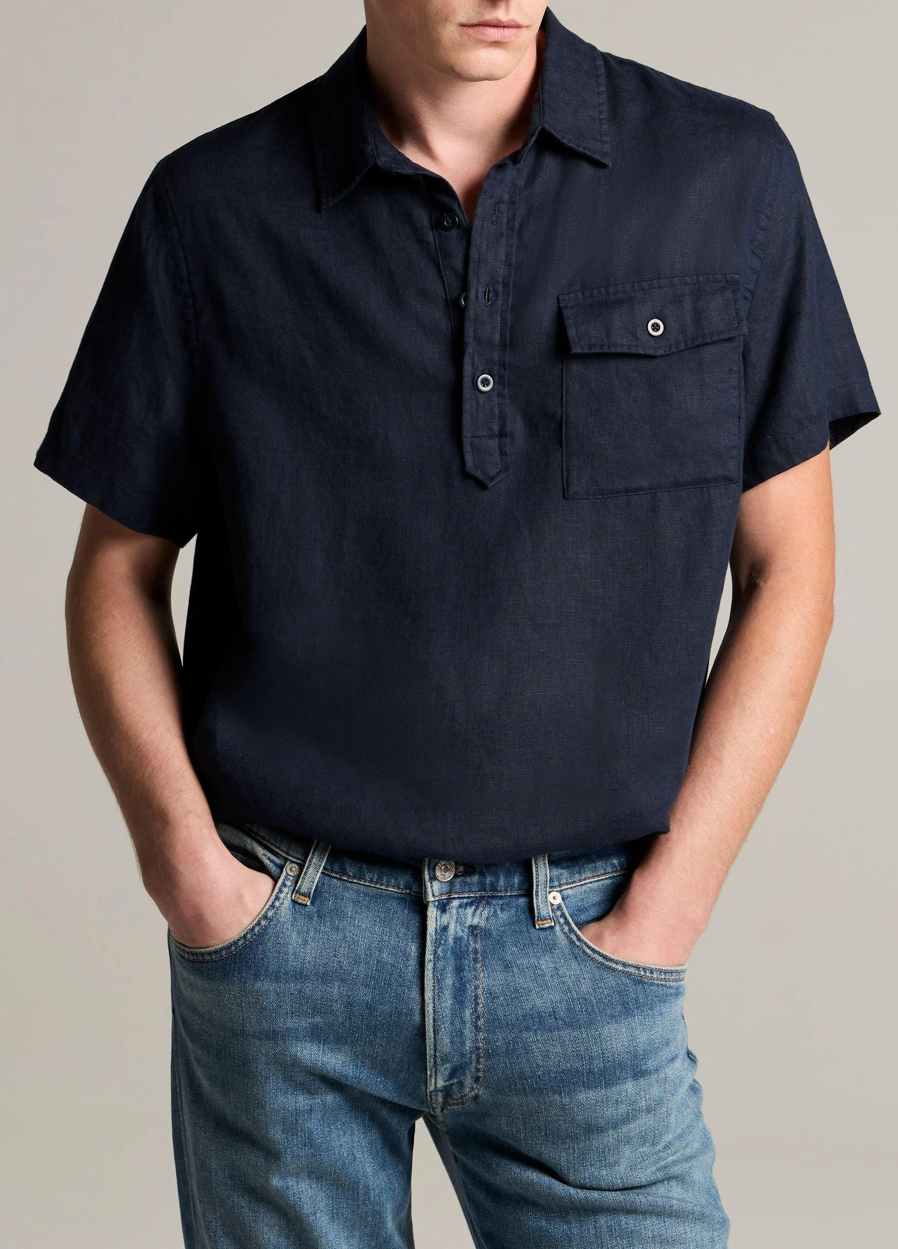 Linen Short-Sleeve Half-Placket Shirt - 1