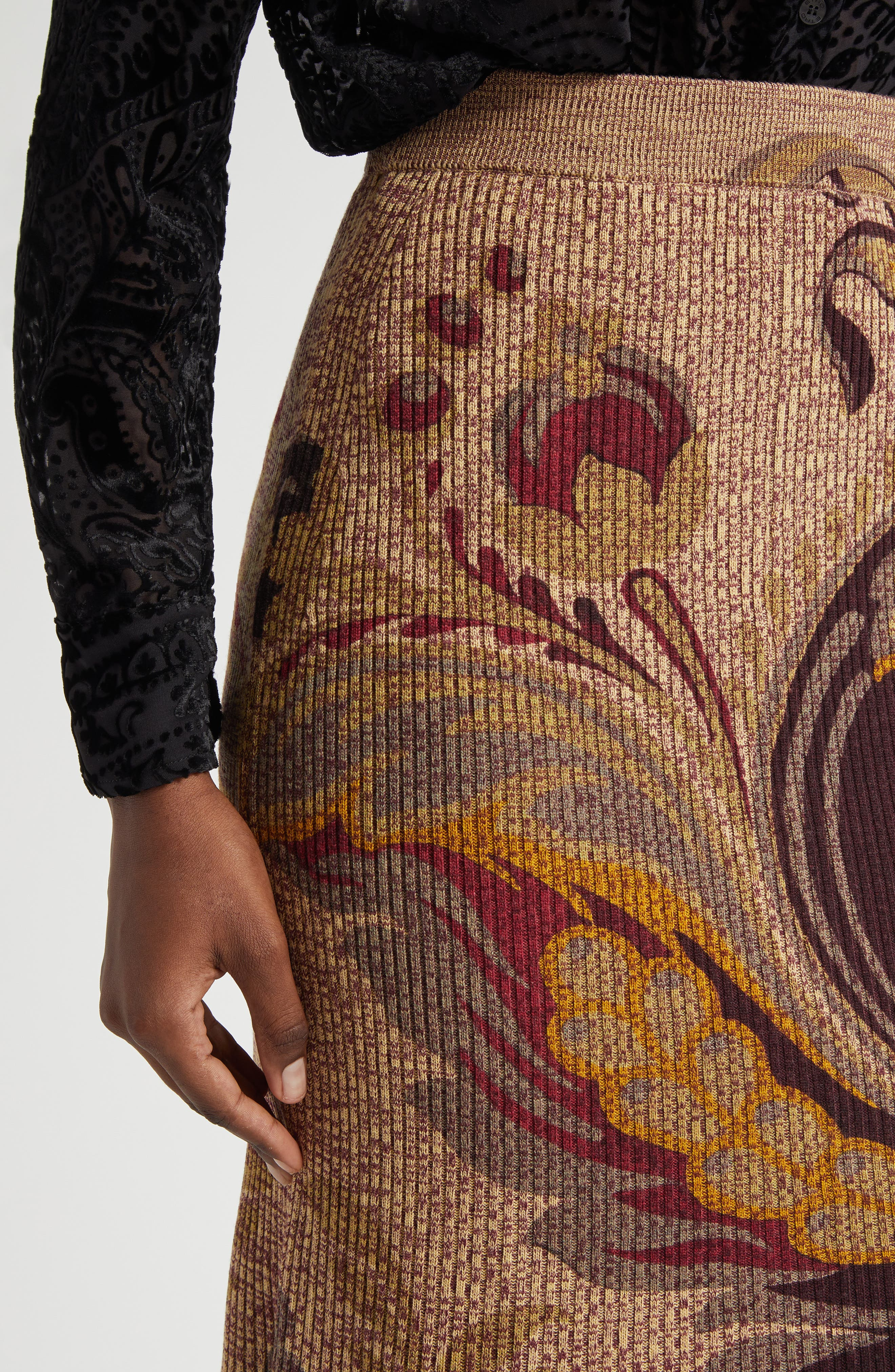 Etro Paisley Rib Wool Trumpet Skirt in Beige Multi at Nordstrom - 4