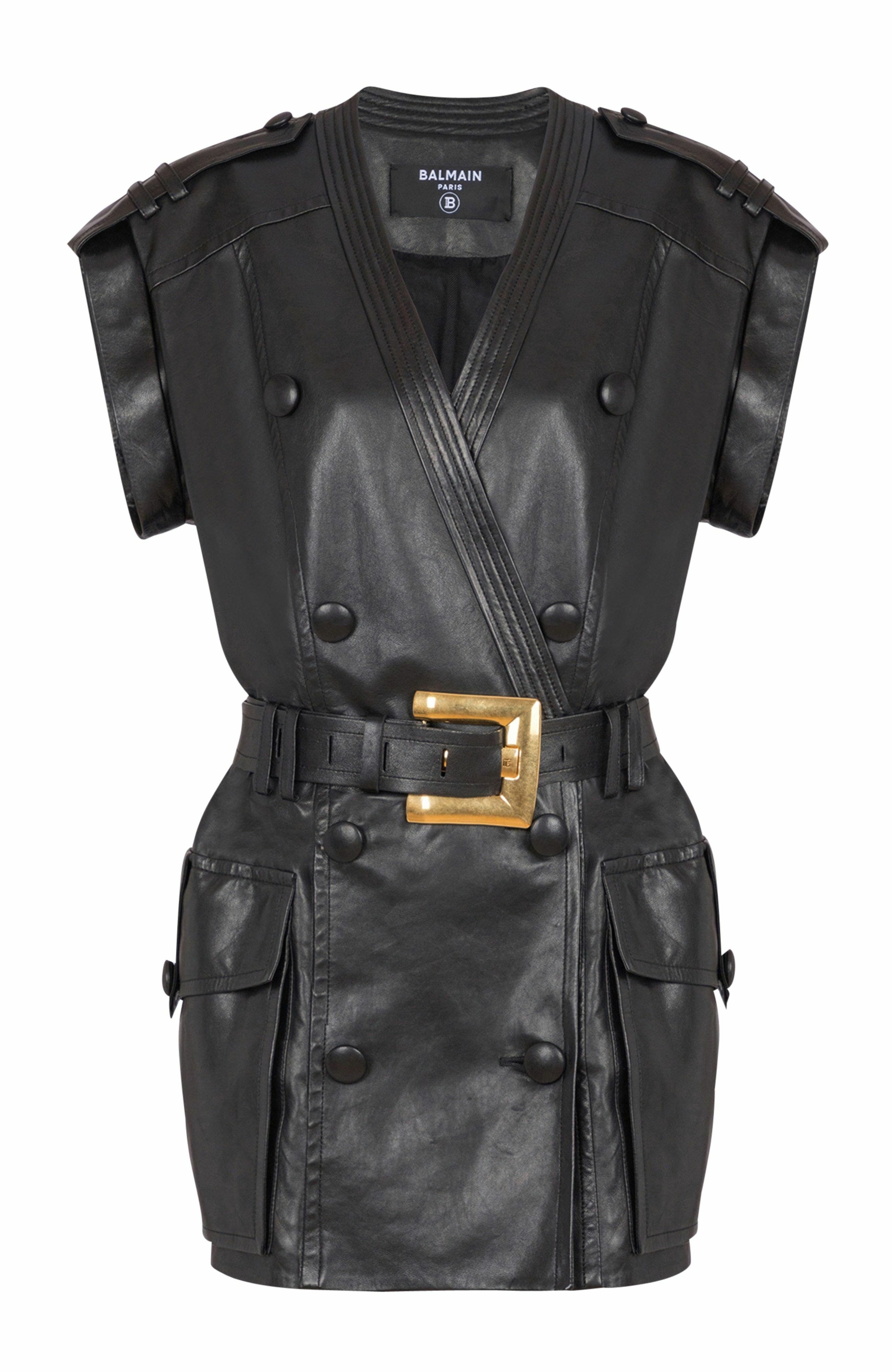 Balmain Lambskin leather short belted dress in Black at Nordstrom - 5