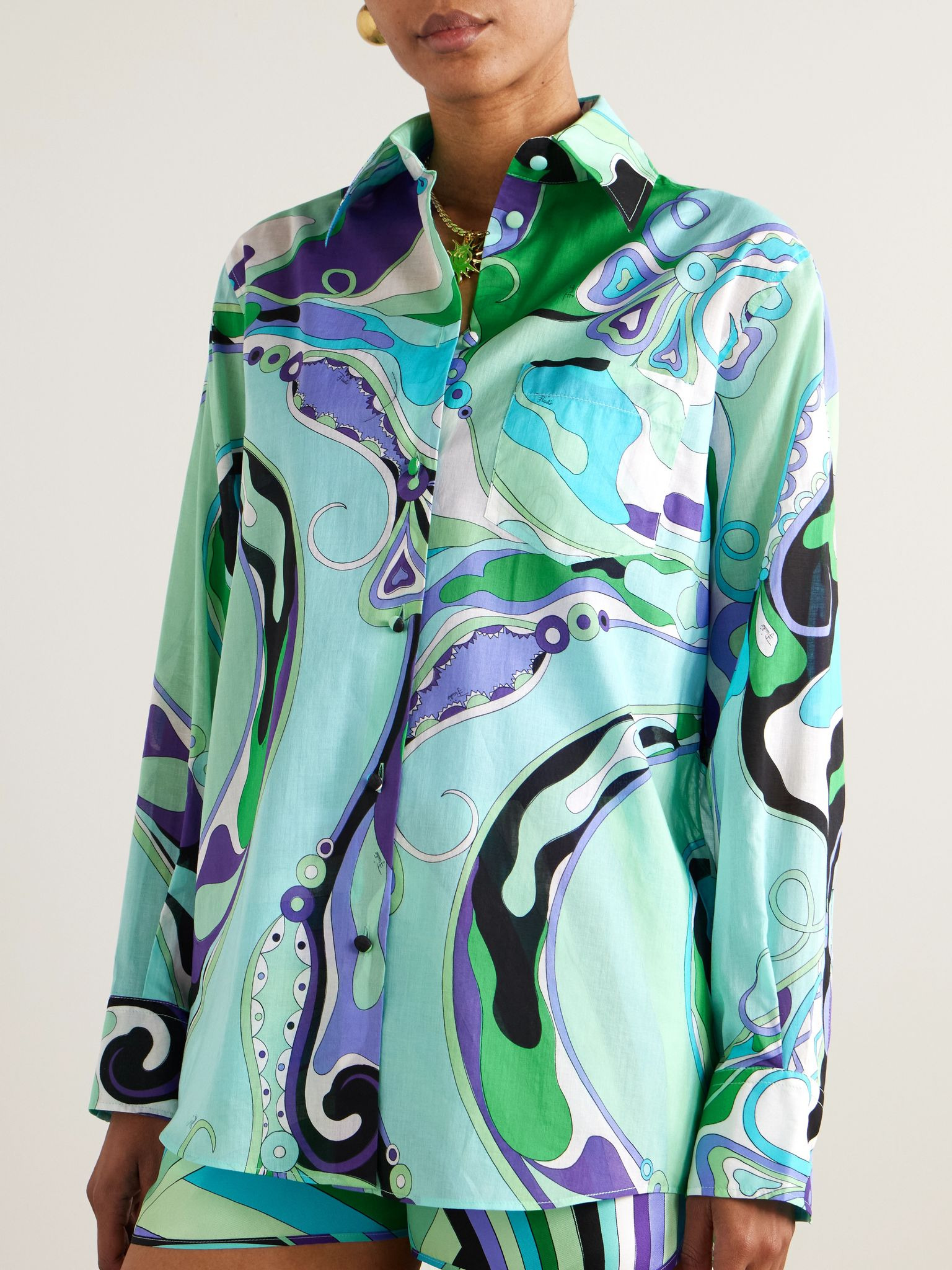 Oversized printed cotton-muslin shirt Blue - 3