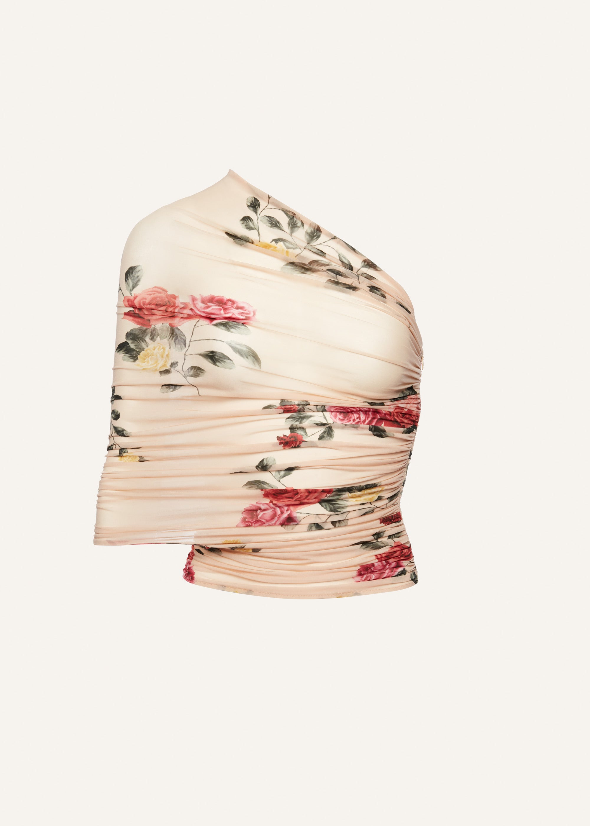 One-shoulder wrap top in beige print - 1