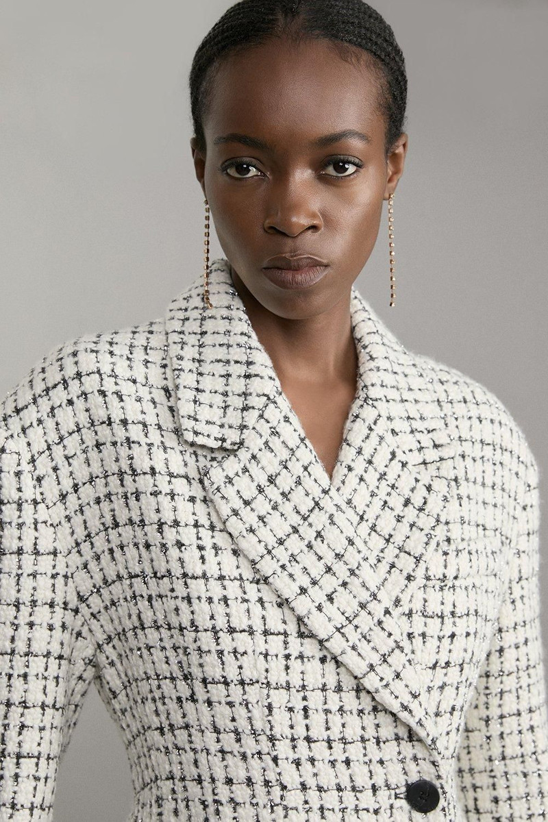 Metallic Texture Check Darted Waist Midaxi Tailored Coat 6