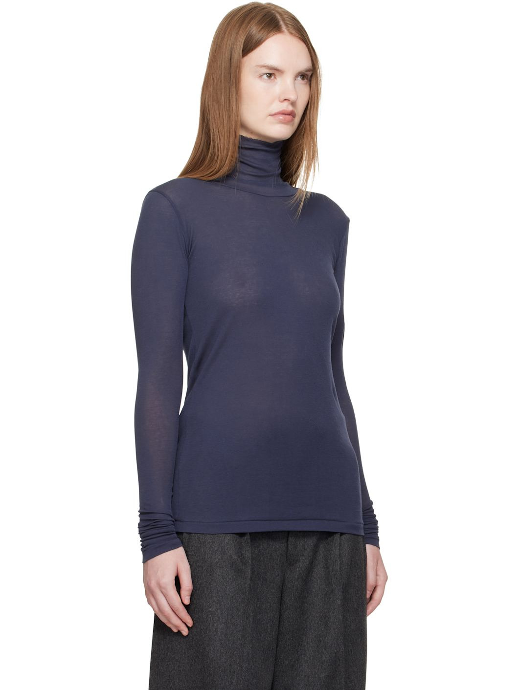 Navy Super High Gauge Sheer Rib Turtleneck - 2