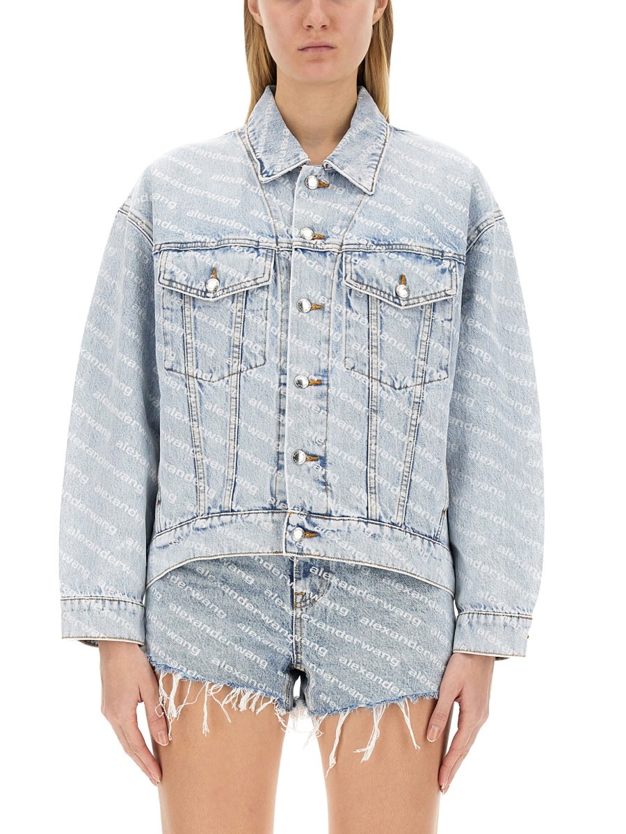 COTTON DENIM JACKET WITH ROUNDED SHOULDERS AND ALL OVER LOGO - 1