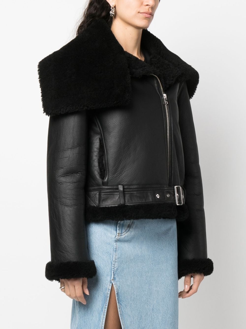 shearling-trim leather biker jacket - 3