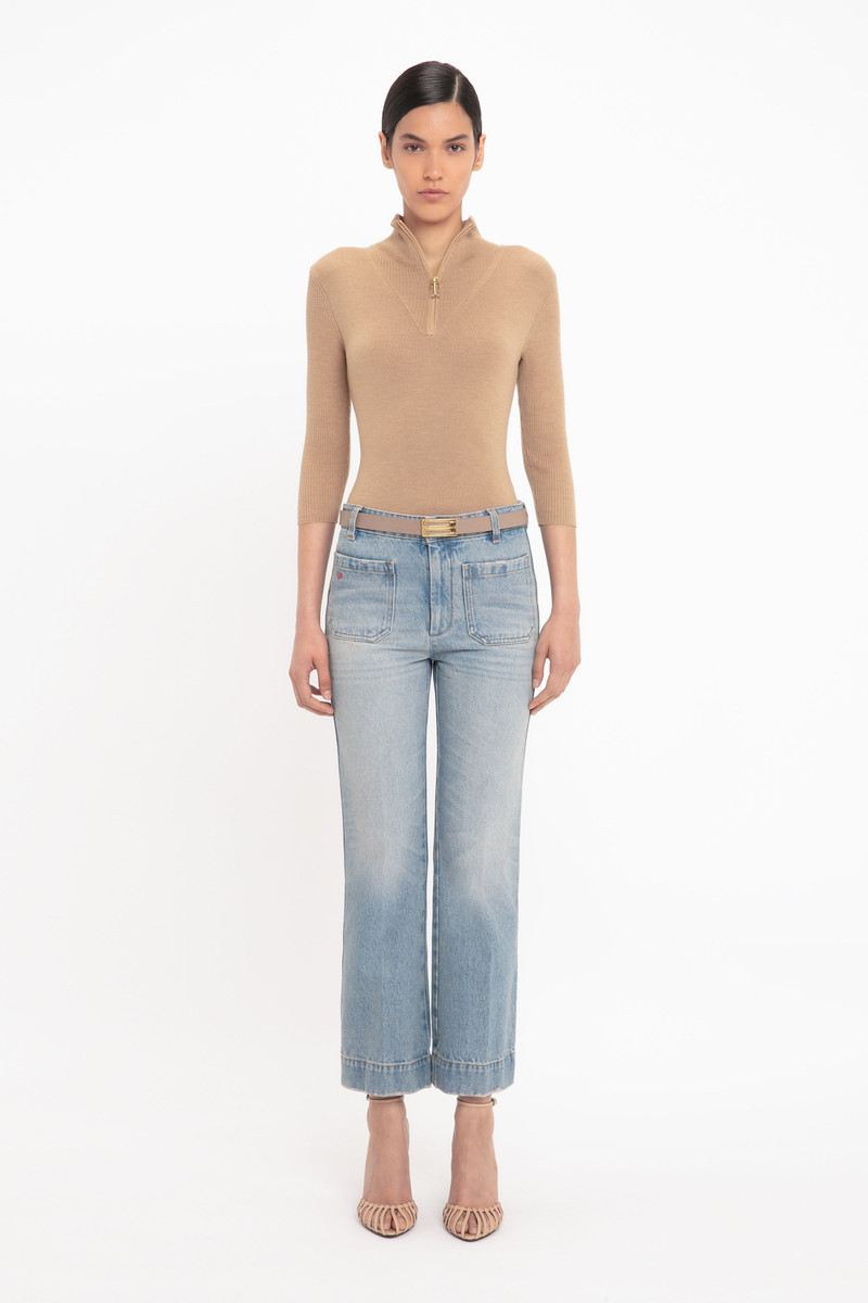 Victoria Beckham Half Zip Short Sleeve Knitted Top In Sandstorm outlook