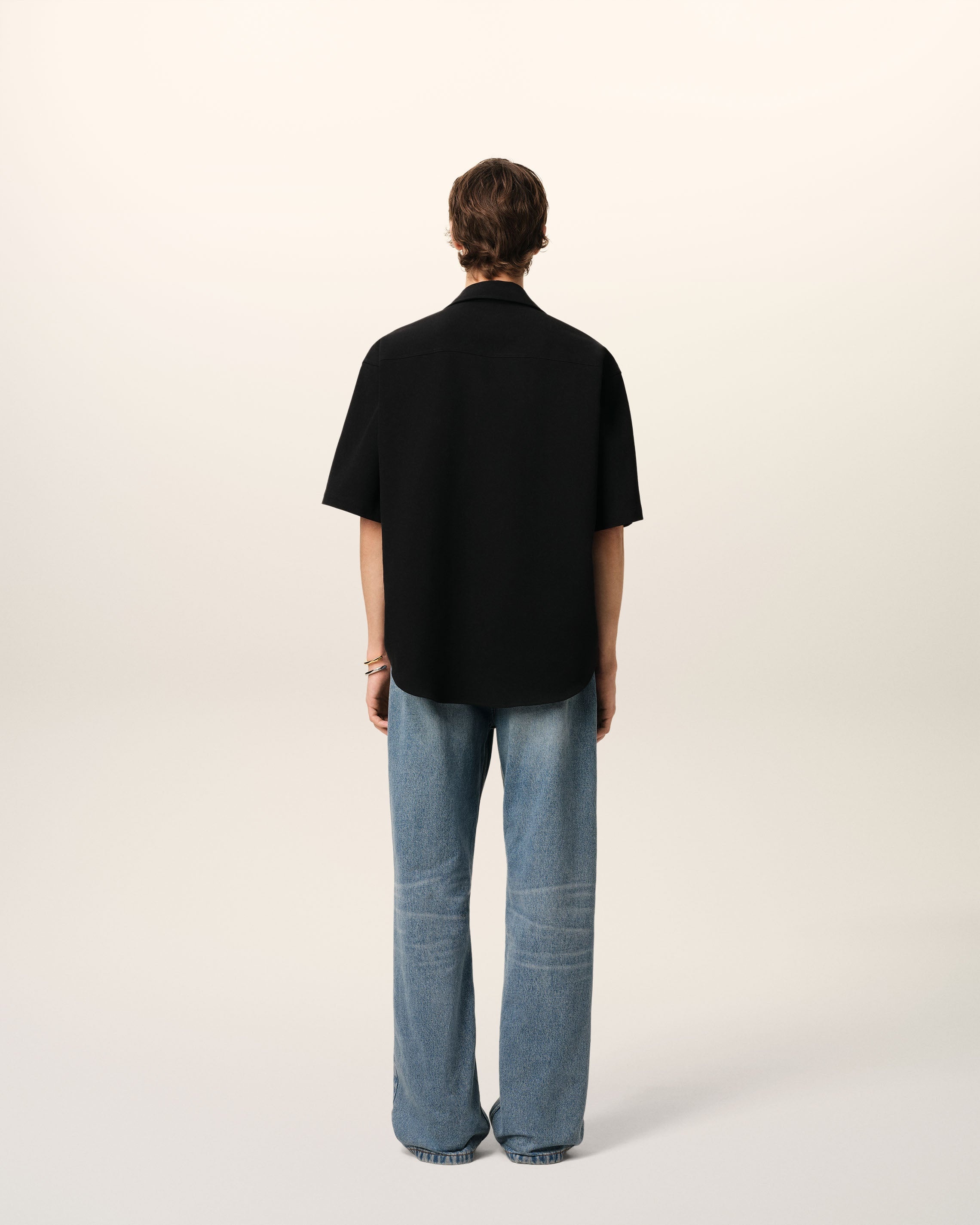 BLACK COTTON CAMP COLLAR SHORT SLEEVES SHIRT - 5