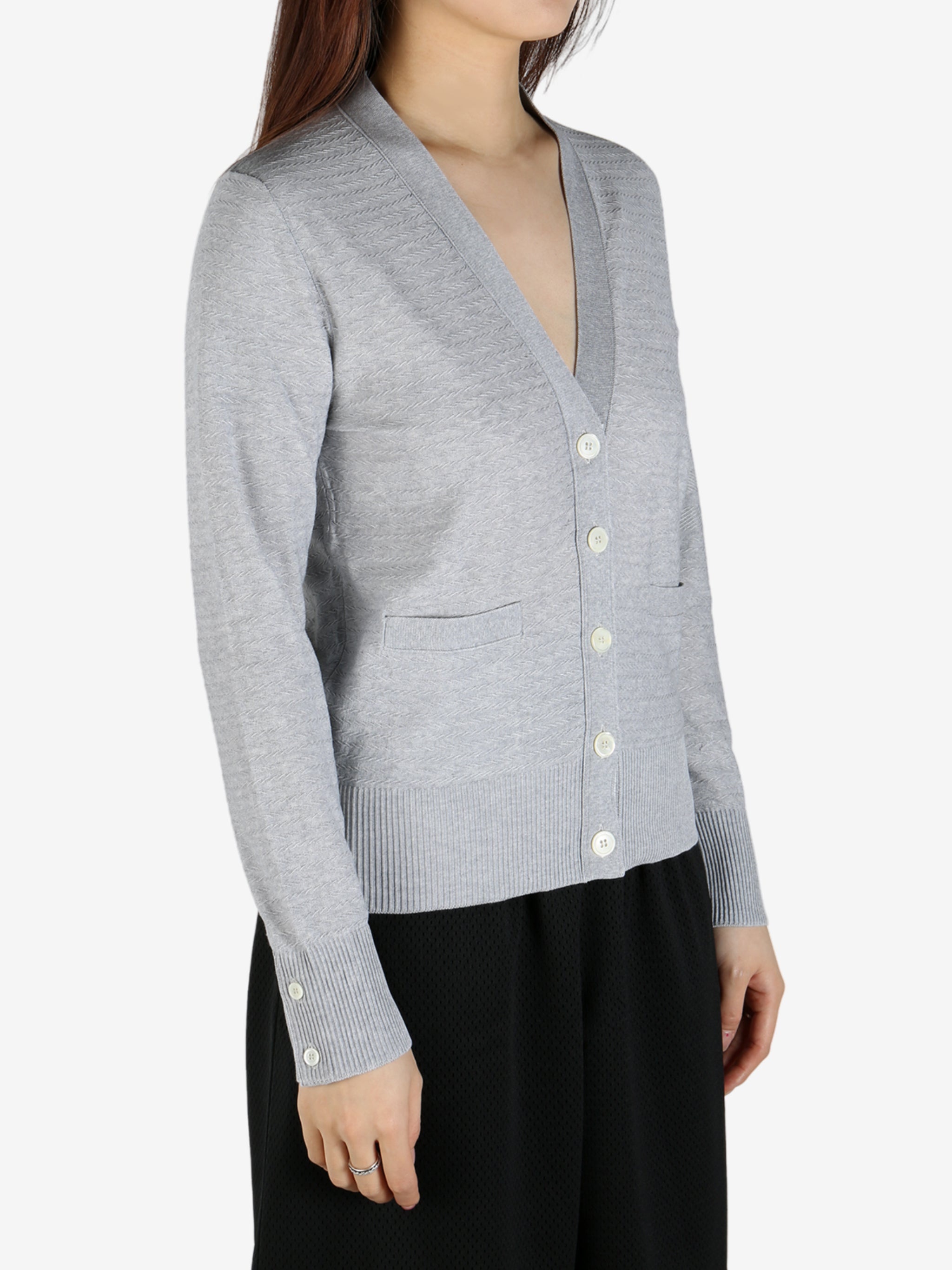 THOM BROWNE - Women Floated Cable Stitch  W/Knit In 4 Bar Stripe V Neck Cardigan - 2