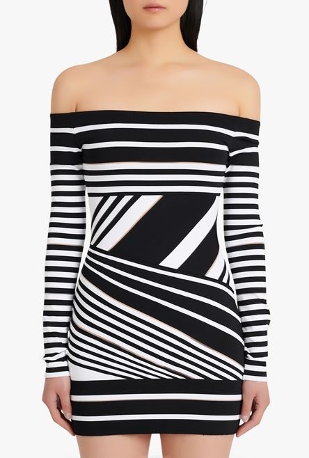 Short black and white striped eco-designed jacquard dress - 5