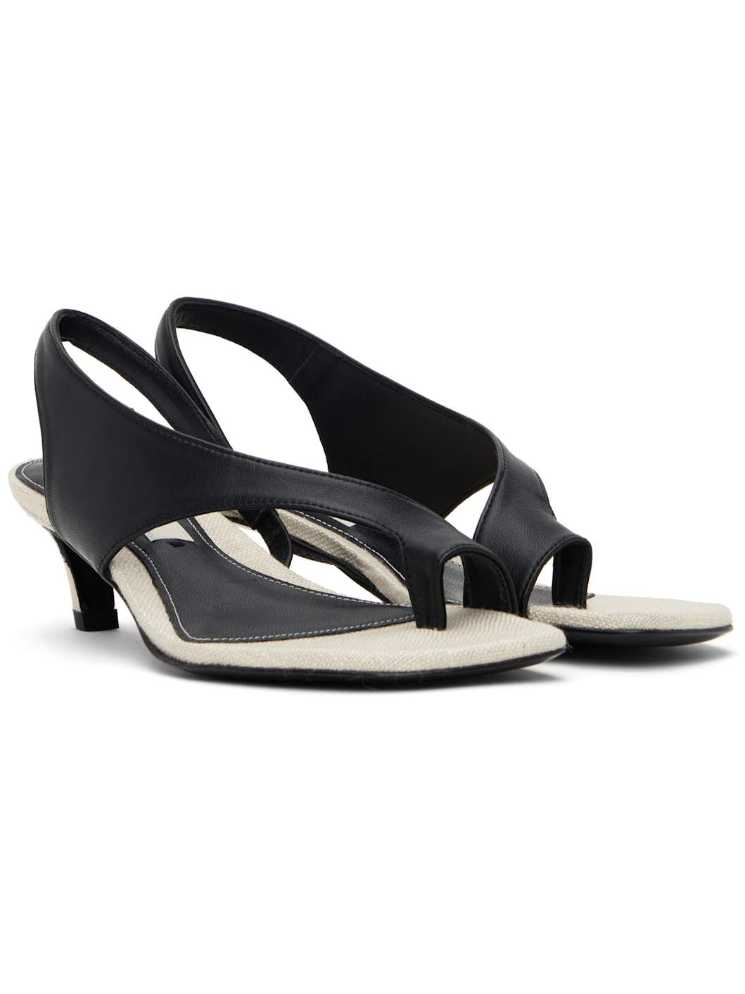 Black & Beige Leather Thong Heeled Sandals - 4
