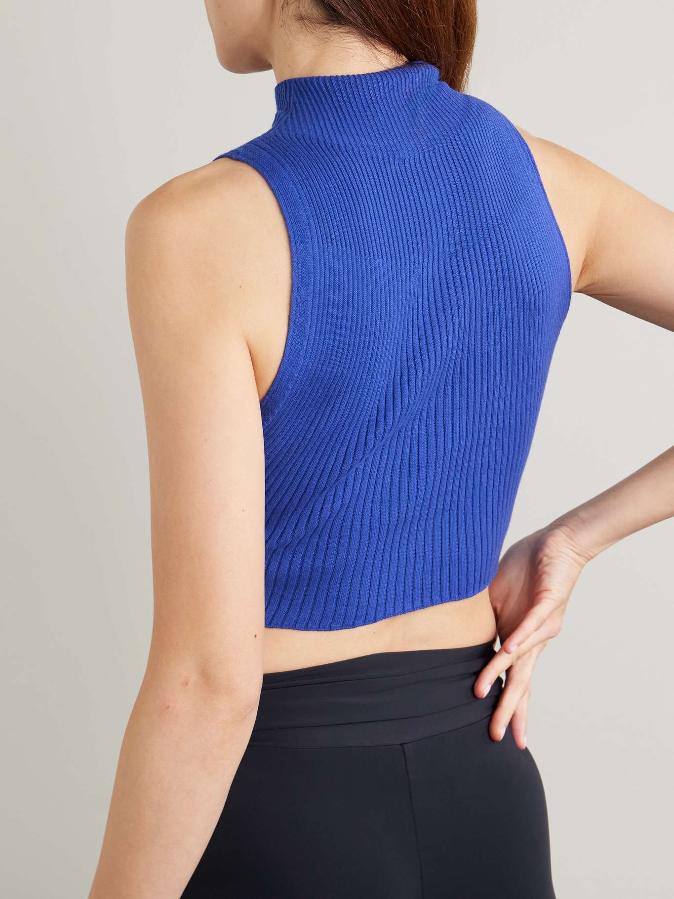 Cropped appliquéd ribbed cotton and merino wool-blend tank Blue - 3