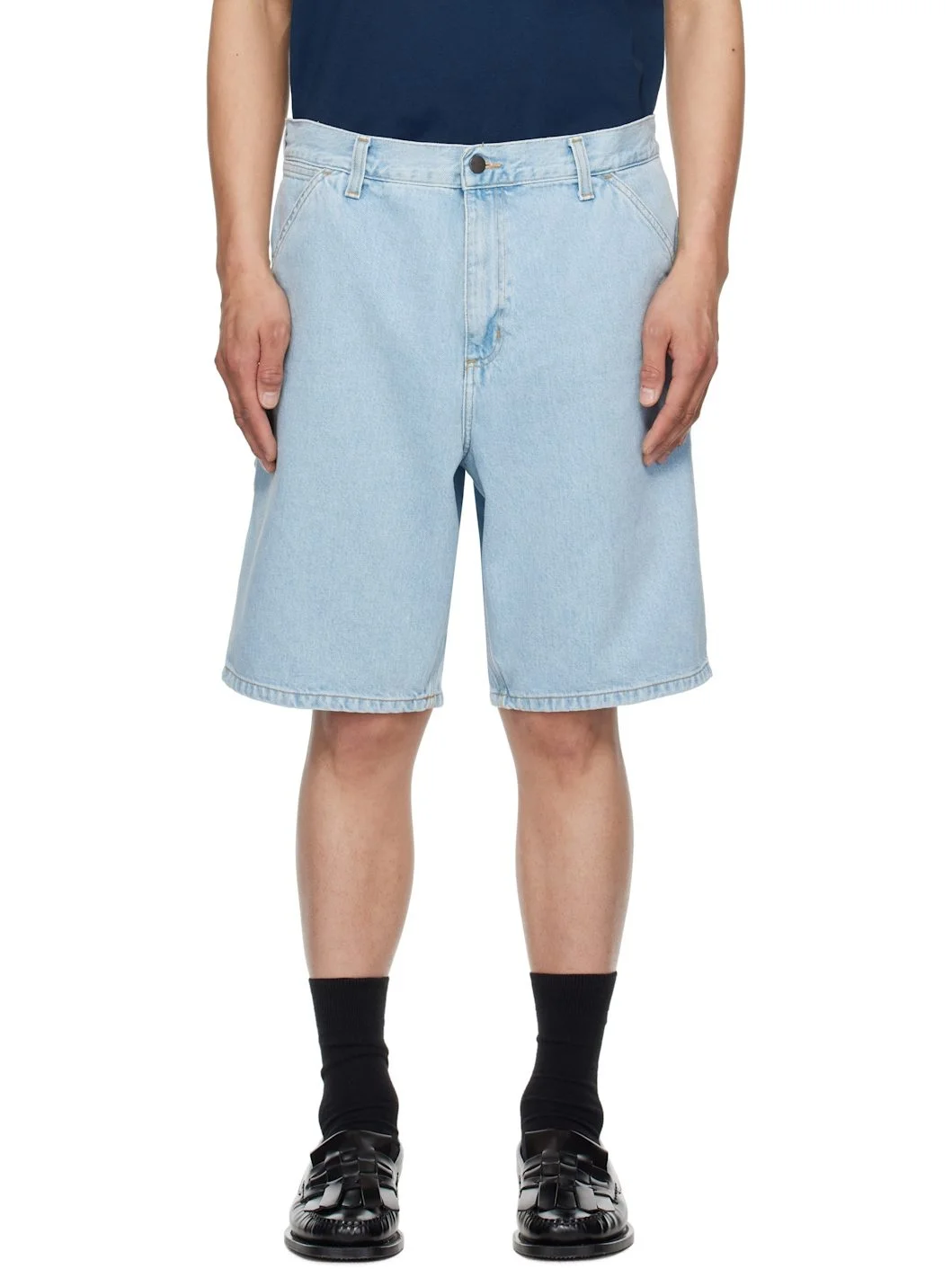 Blue Single Knee Denim Shorts - 1