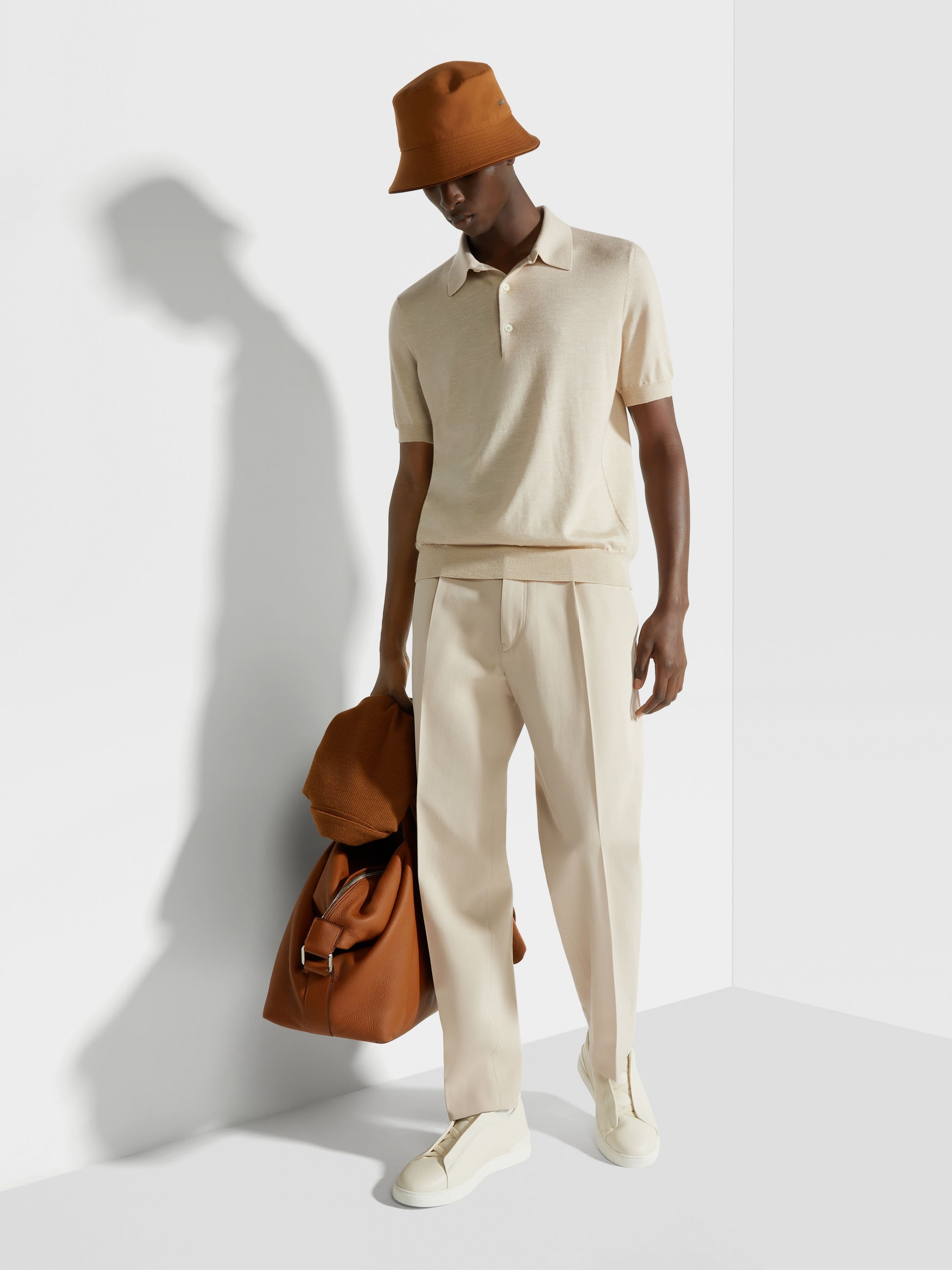 LIGHT BEIGE MÉLANGE SILK CASHMERE AND LINEN POLO SHIRT - 3