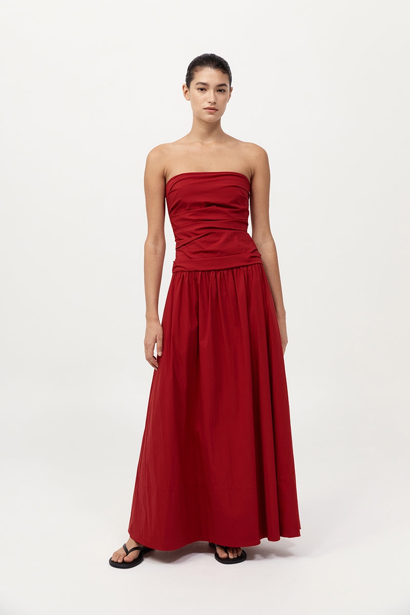 Gathered Strapless Tie Back Dress - Rosso - 2