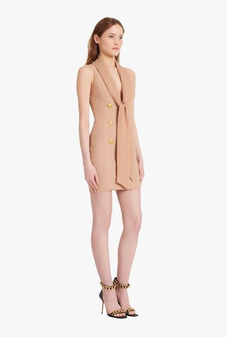 Short beige eco-designed knit dress with Balmain monogram - 7