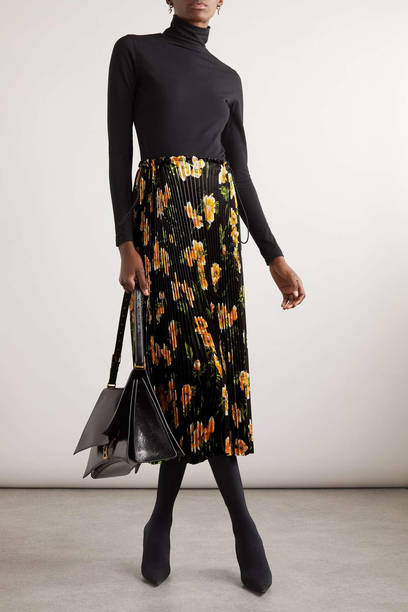 Floral-print plissé-satin midi skirt - 2