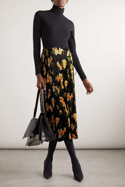 BALENCIAGA Floral-print plissé-satin midi skirt outlook