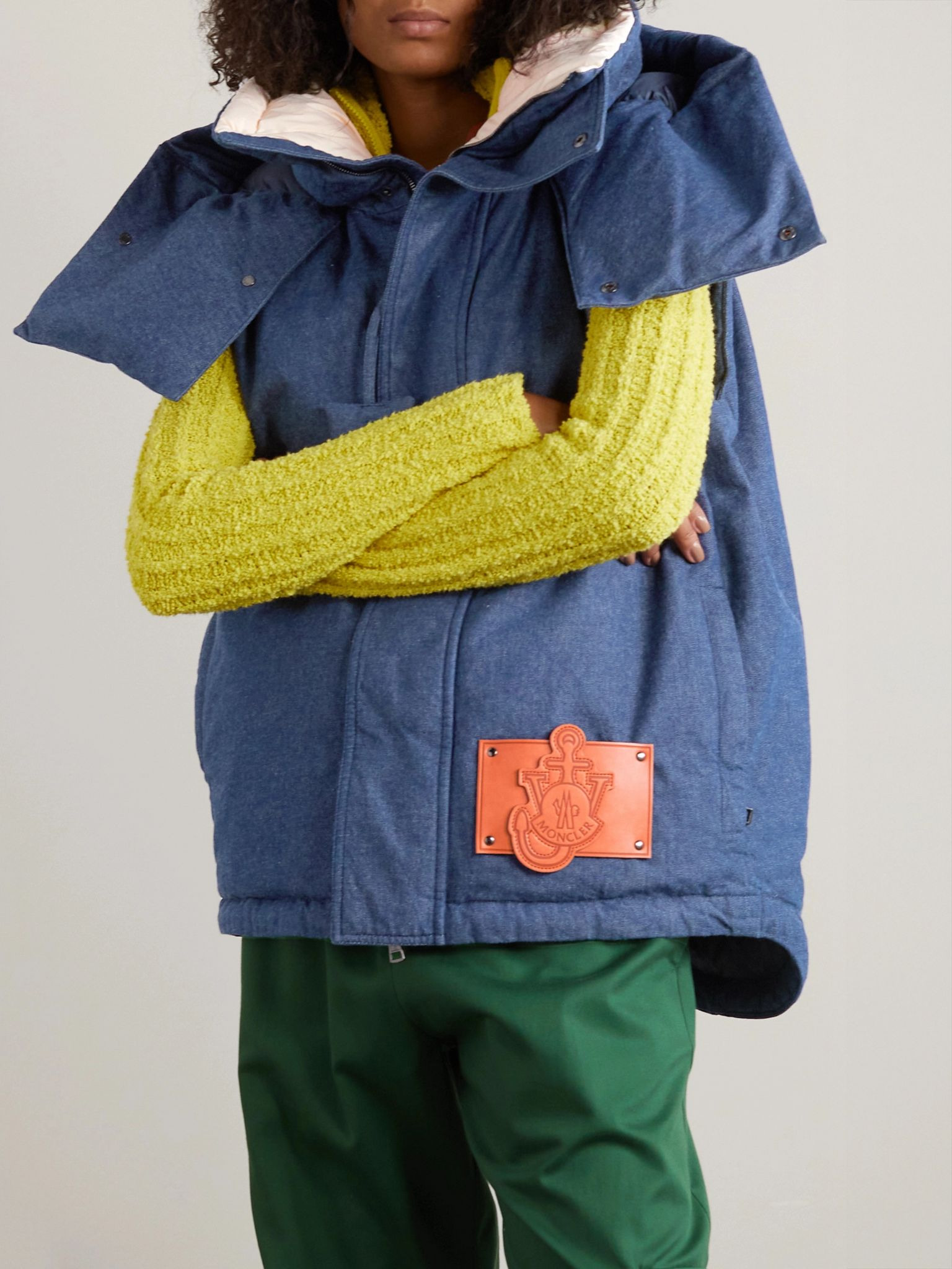 + JW Anderson Dalby hooded faux leather-trimmed denim down vest Blue - 3
