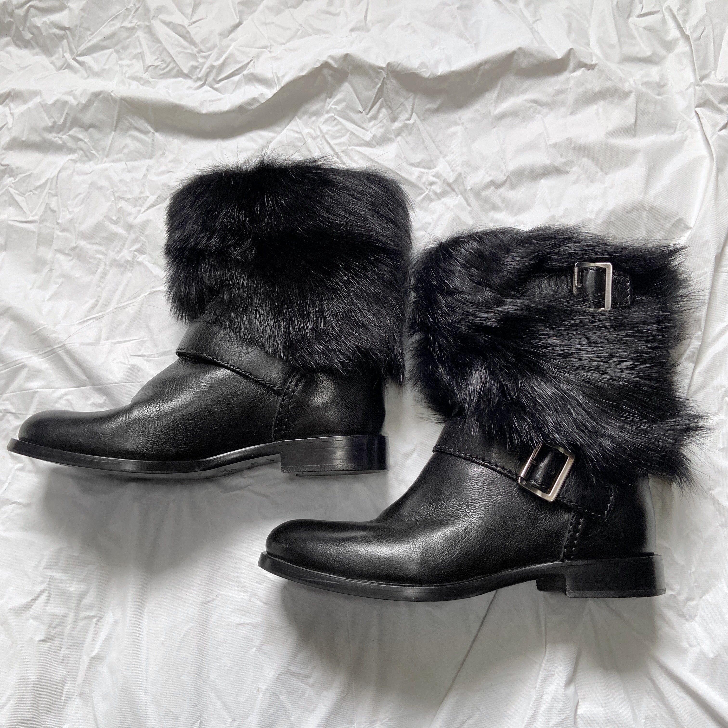 Other Designers Prada Pony Fur Buckle Strap Ankle Boots 35.5 
