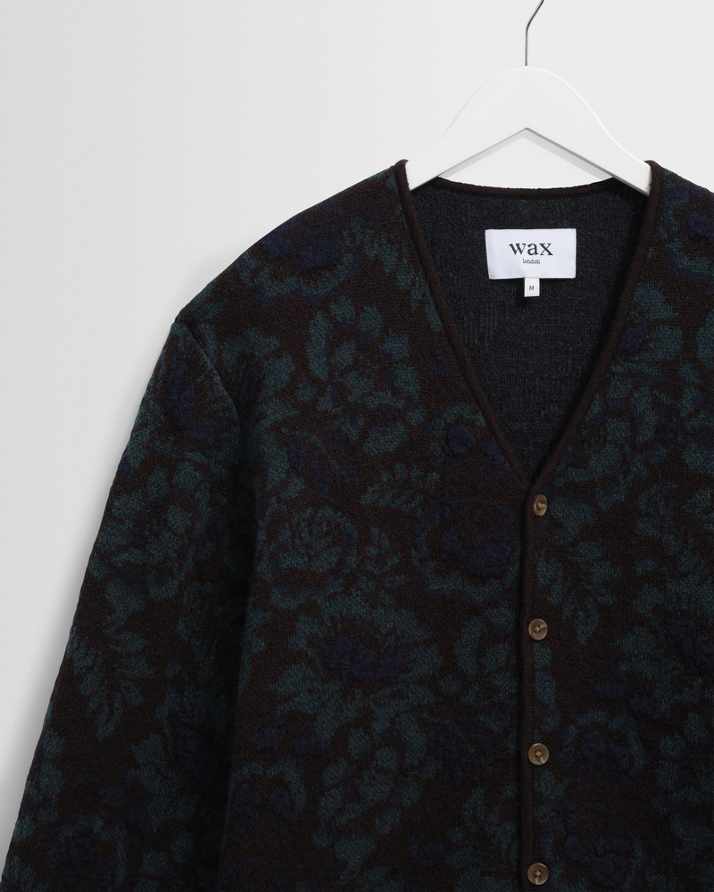 Alban - Black And Green Floral Textured Jacquard Cardigan 7