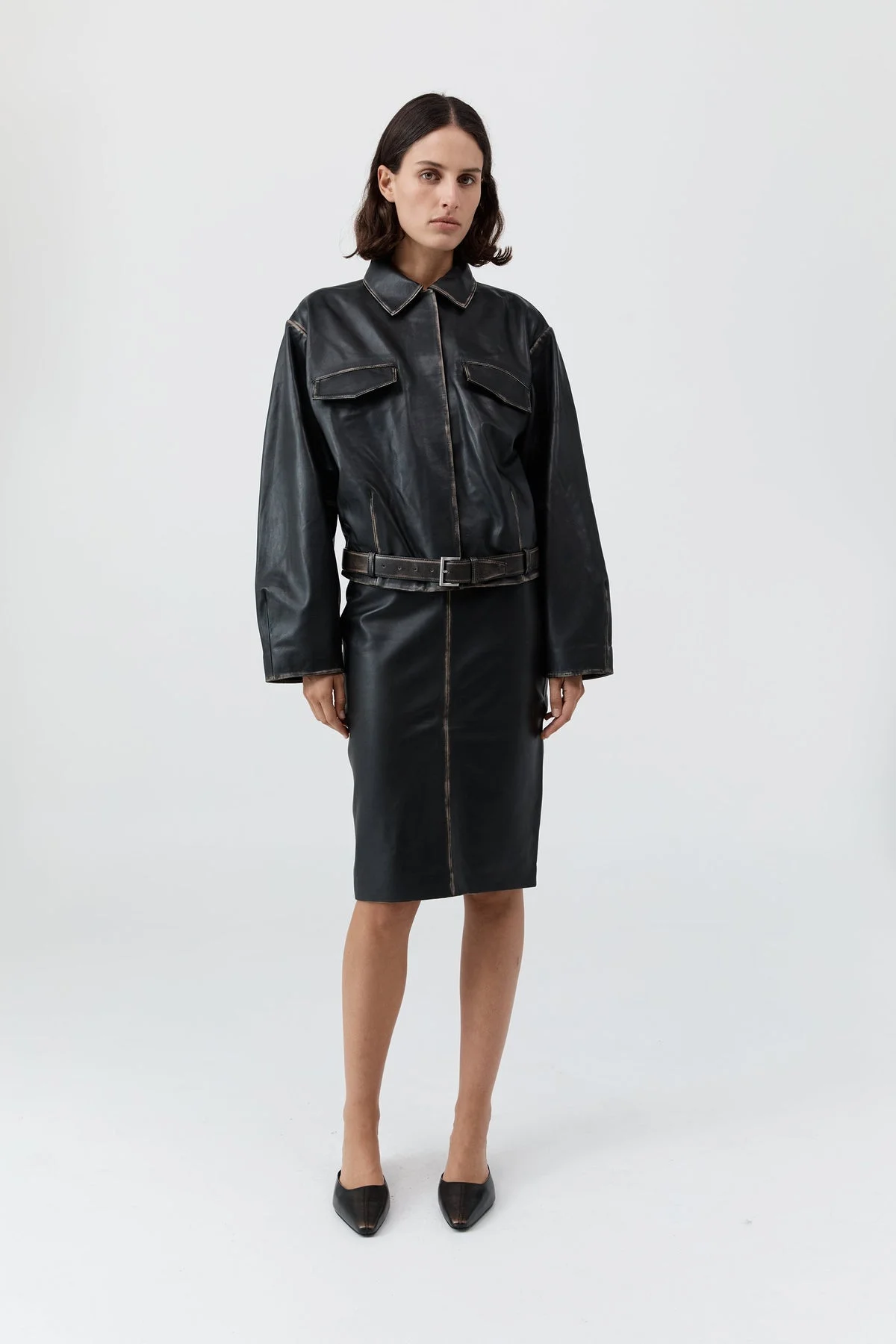 Brushed Leather Belted Jacket - Black - 1