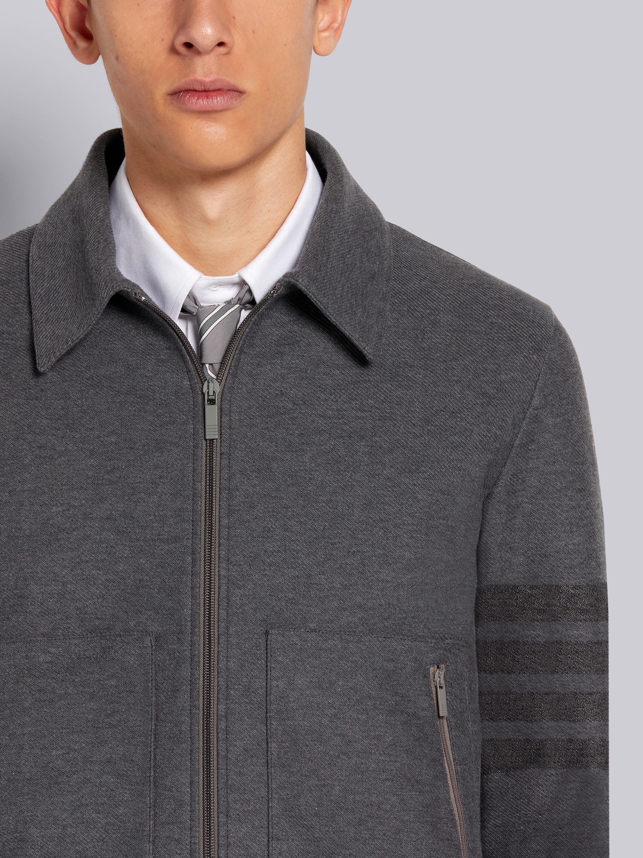 Medium Grey Double Face Tech Twill Tonal 4-Bar Stripe Coach Jacket - 5