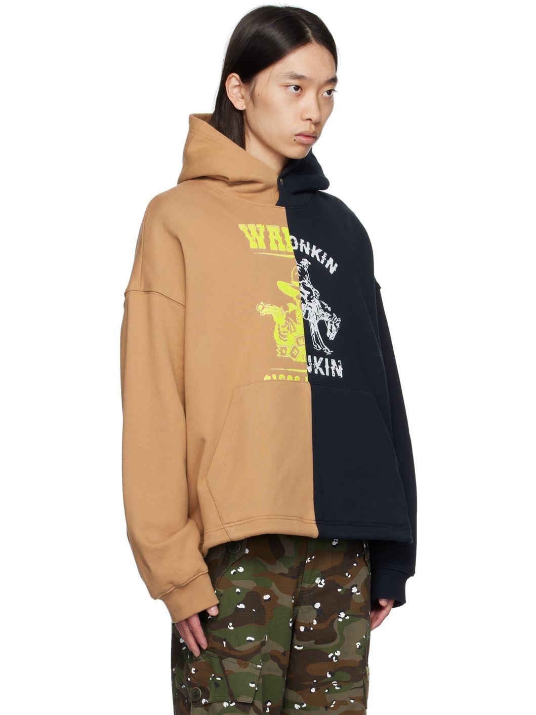 Beige & Navy Opposition Half Panel Hoodie - 2