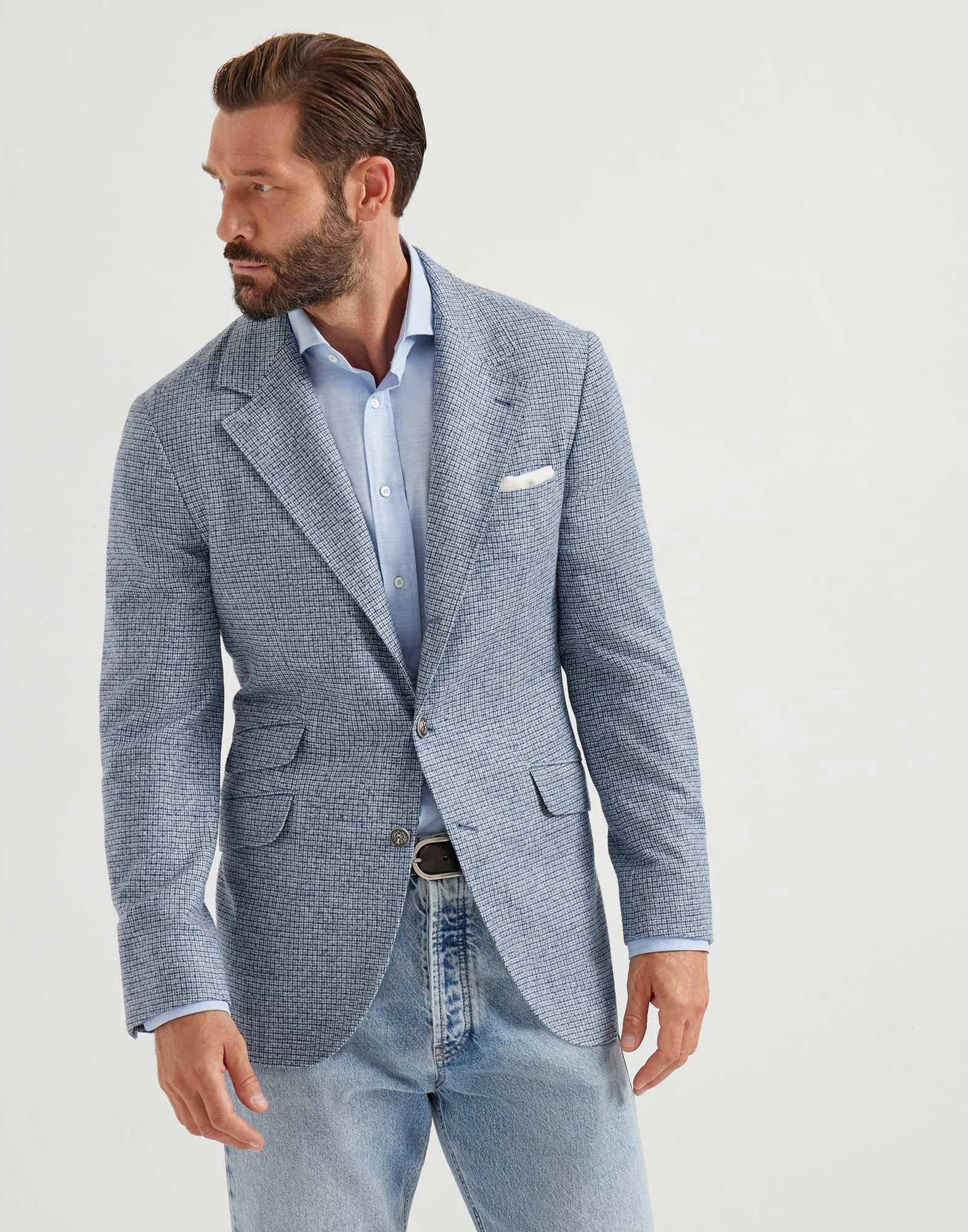 Flecked silk, wool and cashmere checked flannel deconstructed Cavallo blazer with metal buttons - 1