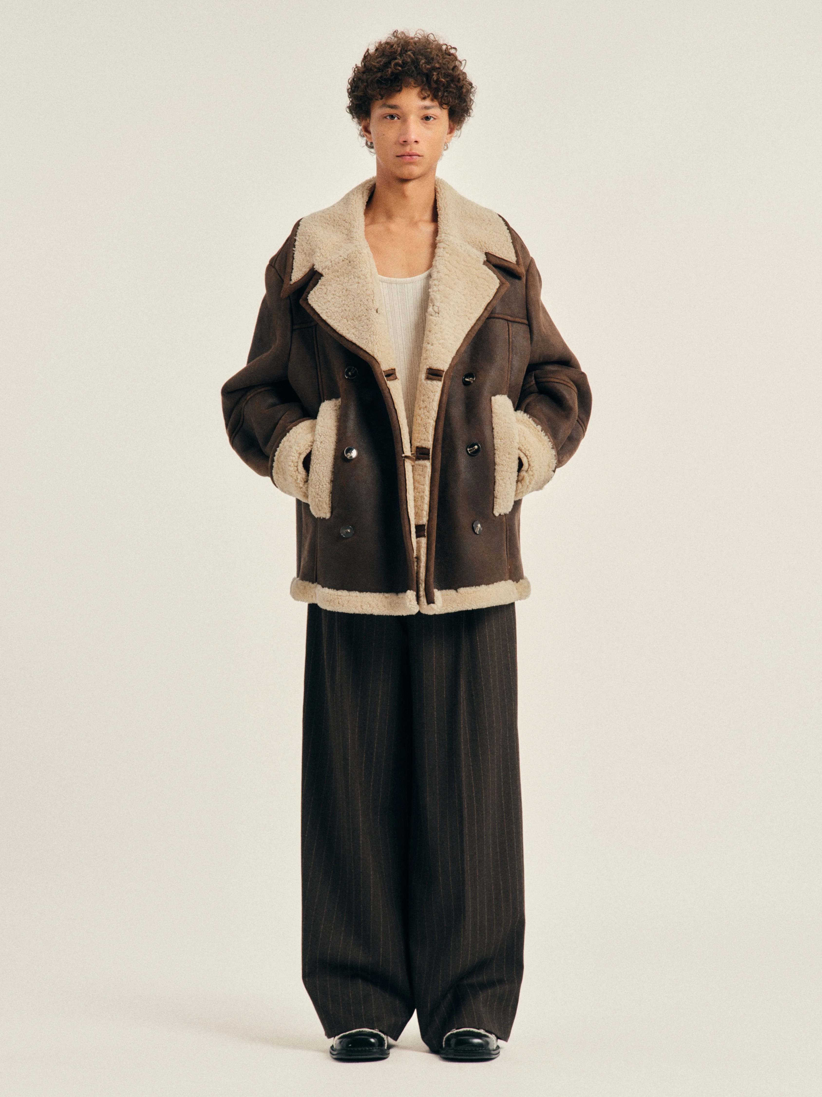 Double Breasted Shearling Aviator Jacket - 1