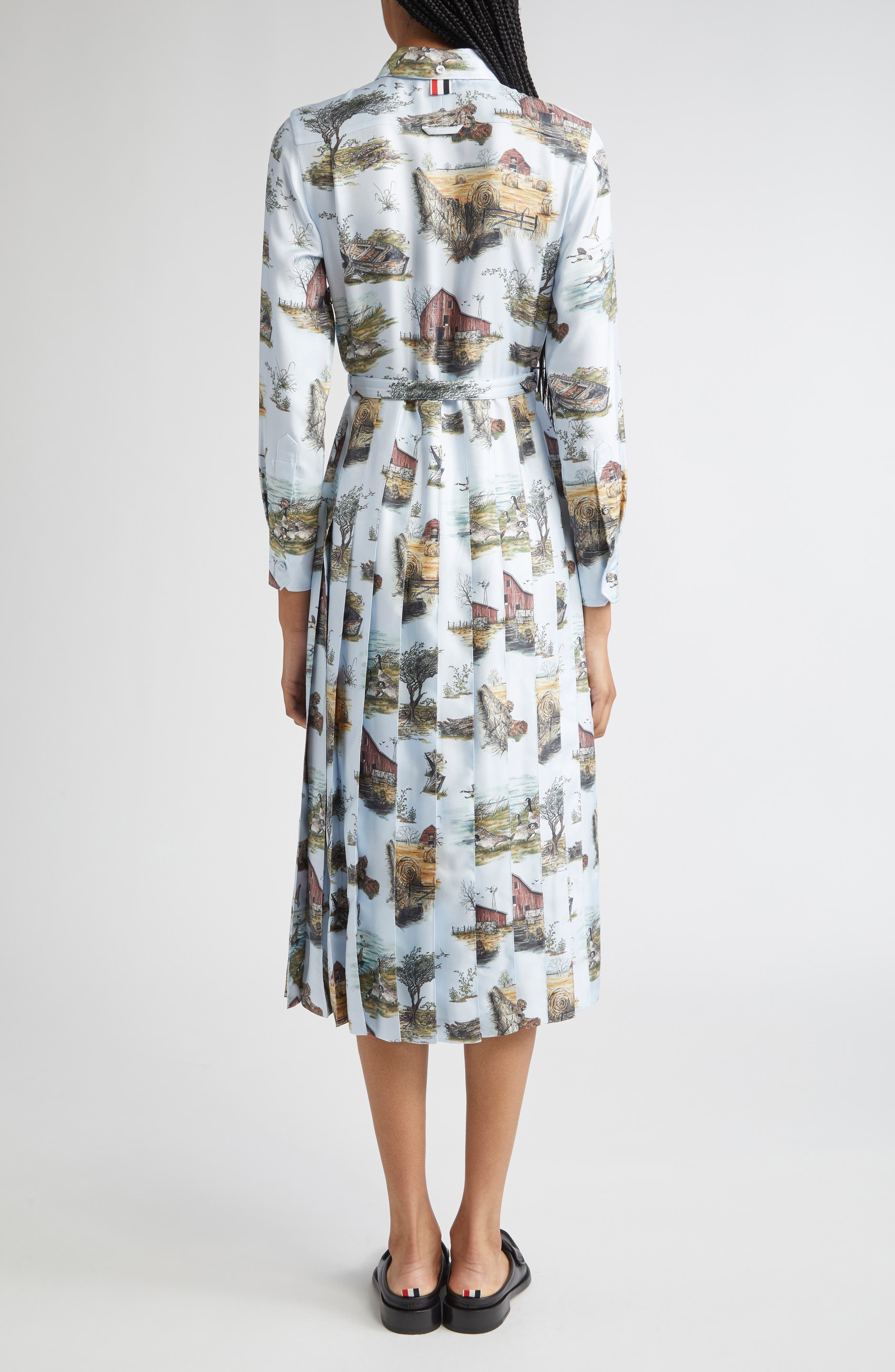 Thom Browne Long Sleeve Pleated Silk Toile Midi Shirtdress in Seasonal Multi at Nordstrom - 2